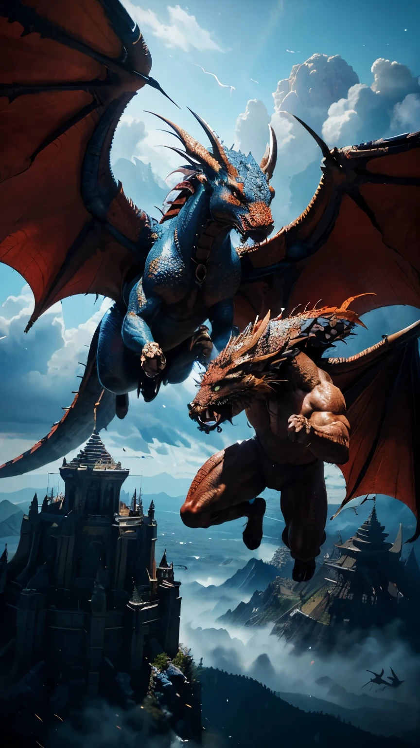 red dragon, blue dragon, unity, fantasy creature, mythical beasts, majestic wings, intricate scales, fierce expressions, glowing eyes, fiery breath, flying through the sky, battling in the clouds, formidable power, epic showdown, scale-covered bodies, muscular builds, dynamic poses, dragon duo, mystical aura, intense rivalry, powerful forces, vibrant colors, ethereal atmosphere, high-definition details, realistic rendering, breathtaking masterpiece, vivid color palette, dramatic lighting, intricate textures, professional artwork