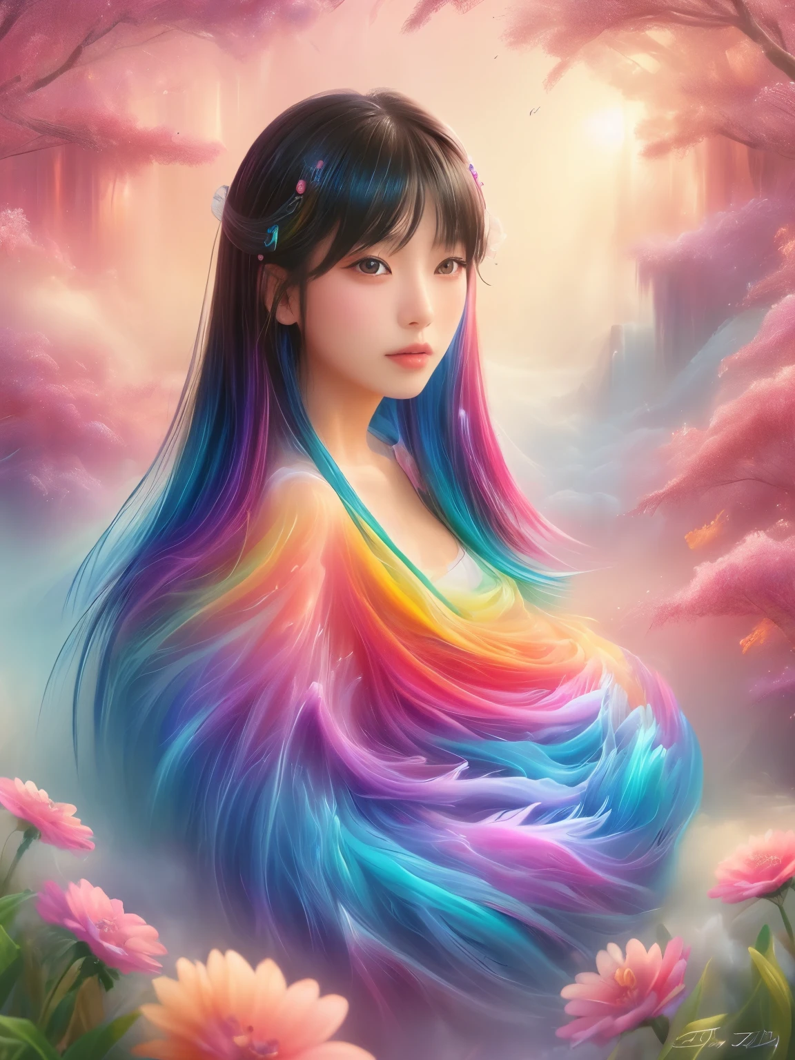 Stunning and beautiful Japanese girl with black hair standing in front of a colorful mist, hyper-realistic digital painting, soft and natural lighting, 8k, depth of field, soft light, Nikon Z9, 85mm, f/1.8, award-winning photography, clear detailed, high quality, vibrant colors, colorful gradient