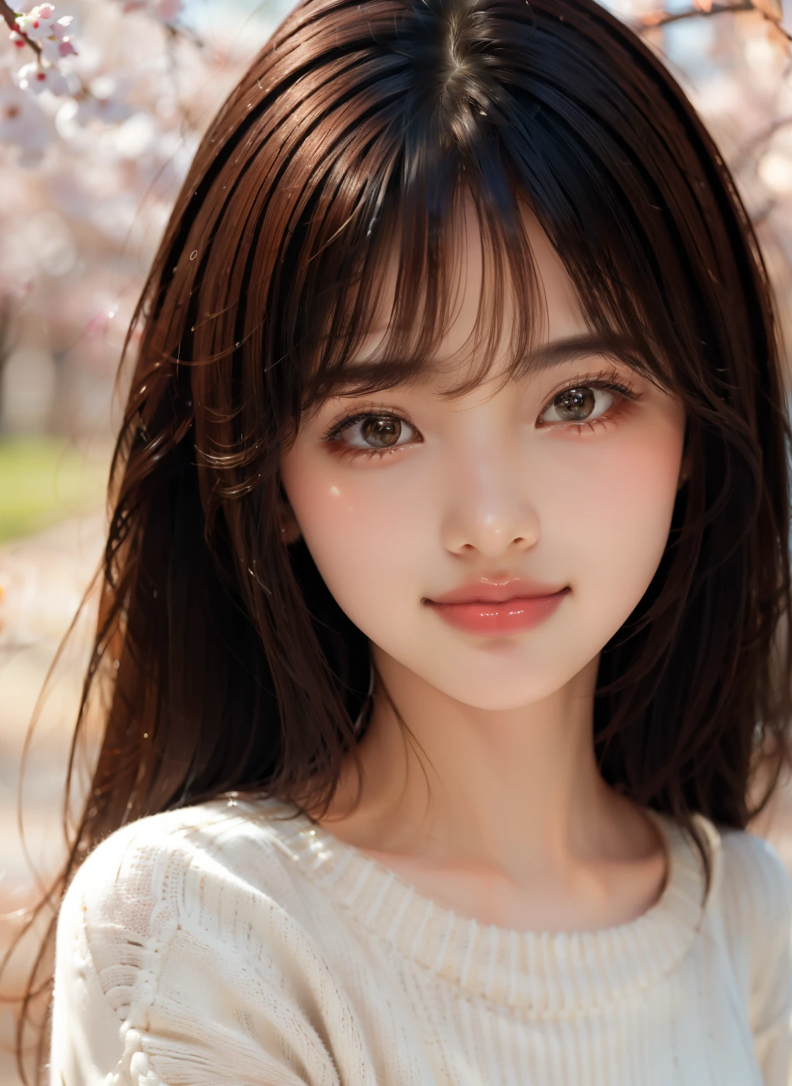 1 girl,(ivory sweater:1.4),, (RAW photo, highest quality), (realistic, Photoreal:1.4), table top, very delicate and beautiful, very detailed, 8k wallpaper, wonderful, finely, very detailed CG Unity, High resolution, soft light, Beautiful detailed 19 year old girl, very detailed目と顔, beautifully detailed nose, finely beautiful eyes,cinematic lighting,standing on a row of cherry blossom trees,perfect anatomy,slender body,smile  (asymmetrical bangs, light brown hair,)