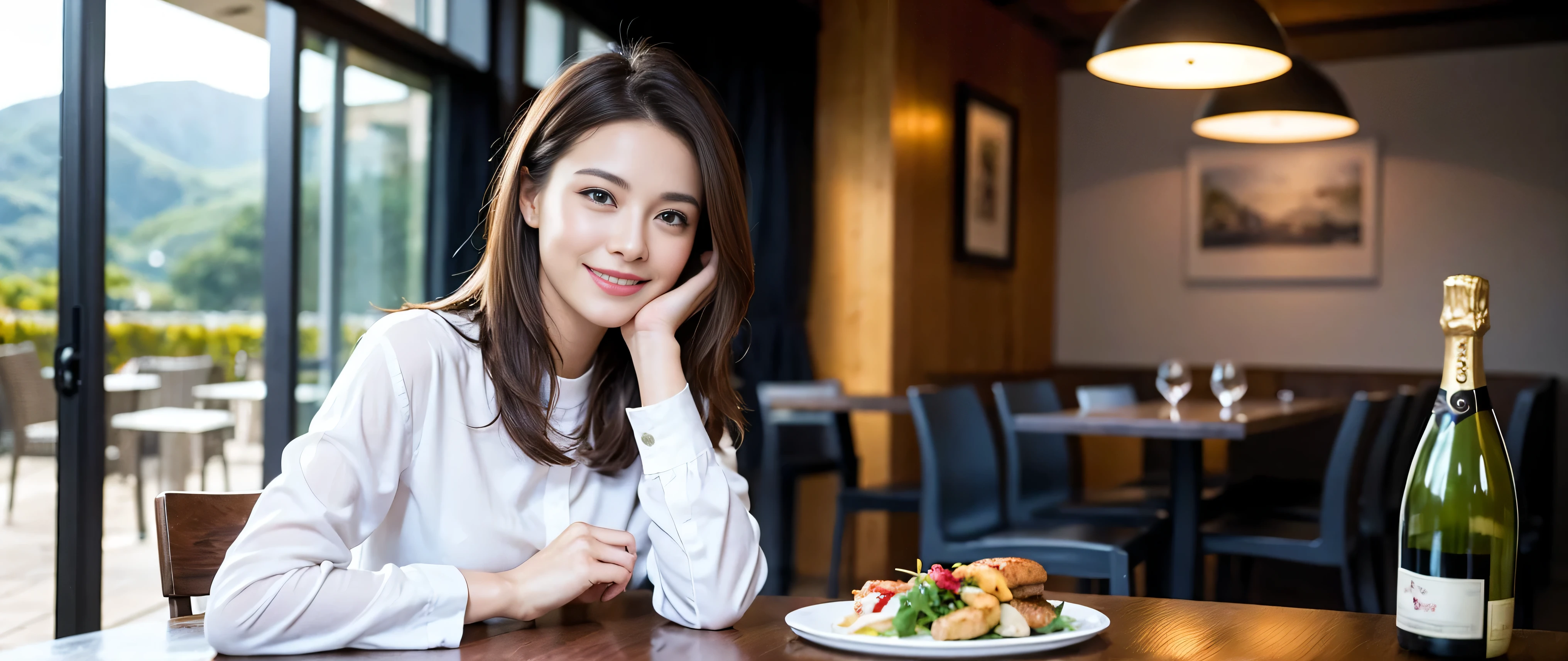 ((highest quality、8k、masterpiece:1.3))、Beautiful woman perfect body:1.4、Slim body、((Bob Hale、Straight hair:1.2))、 Ultra-high resolution, Bright image、2. The beauty of wine, Beautiful Face, blue eyes, Beautiful Eyes, The light shines on your face, Blushing your nose, short hair,Spectacular view of the sunset sky and clouds、Amazing mountain views、A bright smile、A lovely woman with a smile、bright face、Fox face、lady、Champagne、Wine bottle、wine glass、red wine 、Appetizer、Italian food、Two beauties、brown hair、Shortcuts、Long sleeve shirt、Winter Fashion、dress、Wine bottle、sparkling wine、Pretty Woman 1, (slim face), (brown hair), (Shortcuts), cheeks turn a little red, (36 years old), 39 years old, charming beauty、restaurant, Nova Frog Style, actress, model, Upper Body, White wine, slim, wine glass, wine glass placed in the middle, smile, (smile: 1.15), Beautiful Eyes, Strong light and shadow,Moist Body:1.5、Delicate eyes、brown hair、The hair is very shiny、