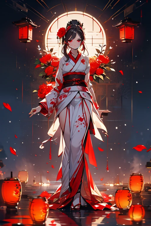 Masterpiece,detailed body,Beautiful Face,A profusion of flowers,Flowers falling,Alluring,sex appeal,Half naked,Japanese style,Beauty,rain,Red lantern,Big Moon