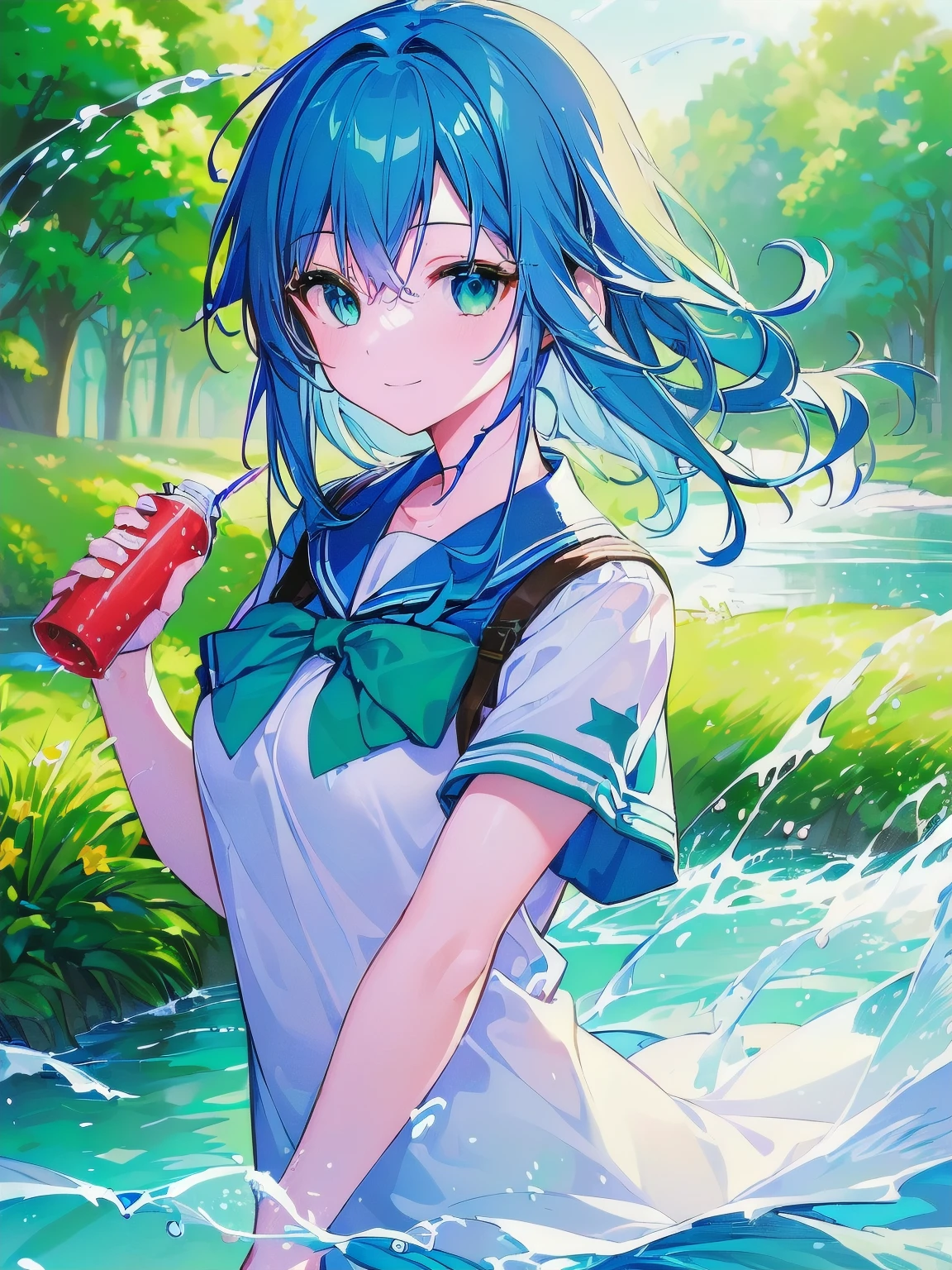 [(SUMMER BACKGROUND:1.5),::5], ((((masterpiece)))), high quality, very_high_resolution, large_filesize, full color, ((girl)), 13 old year, (((Long blue hair))), vivid color, ((Green Color eye)), civilian clothes white, ((anime style)), Angel, upper body, smile, (Soda Splash effect:1.3)