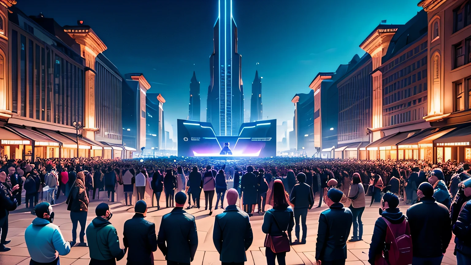 a crowd of people standing in a square wearing virtual reality glasses of a fantasy futuristic city, 8K, hyperrealism