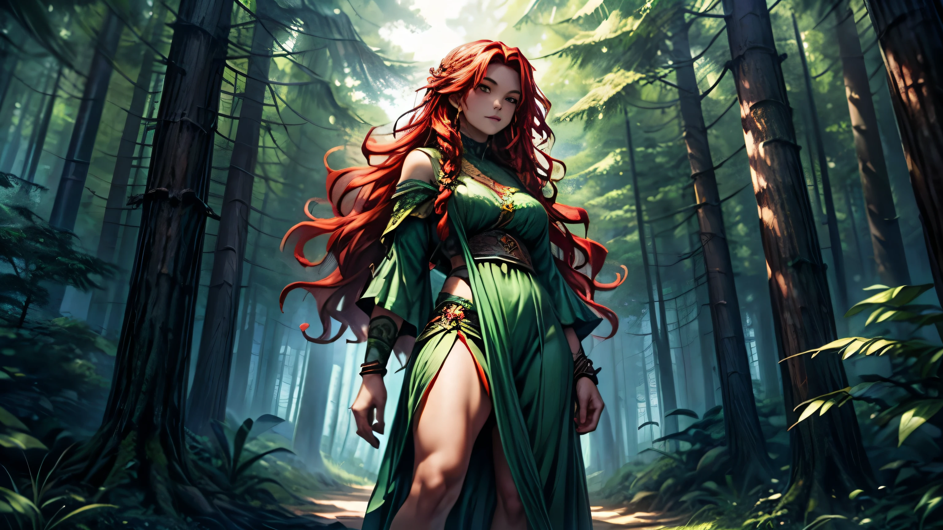 thick hippie warrior who has red wavy hair is is wearing a green dress and she is standing in a dark forest