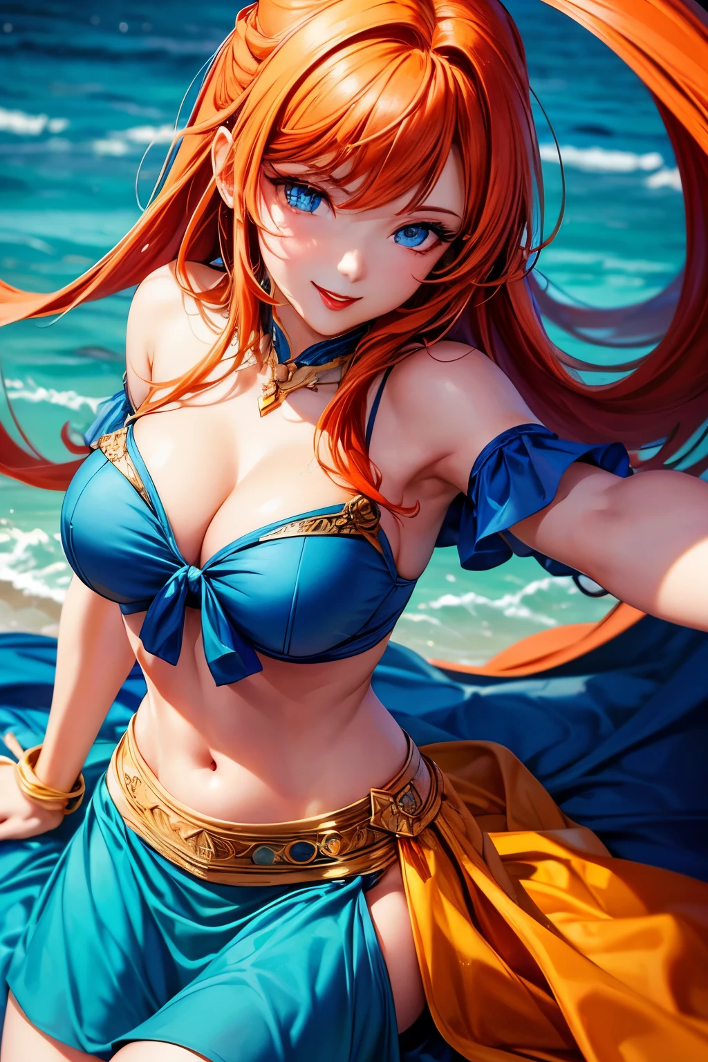 Masterpiece, full hd, high quality, super detail, woman, 30 years, perfect body, medium breasts, red lips, seductive smile, passionate look, blue eyes, orange hair, blue crio top, green skirt, tattu, 2d background, social media composition, seductive posture, from above 