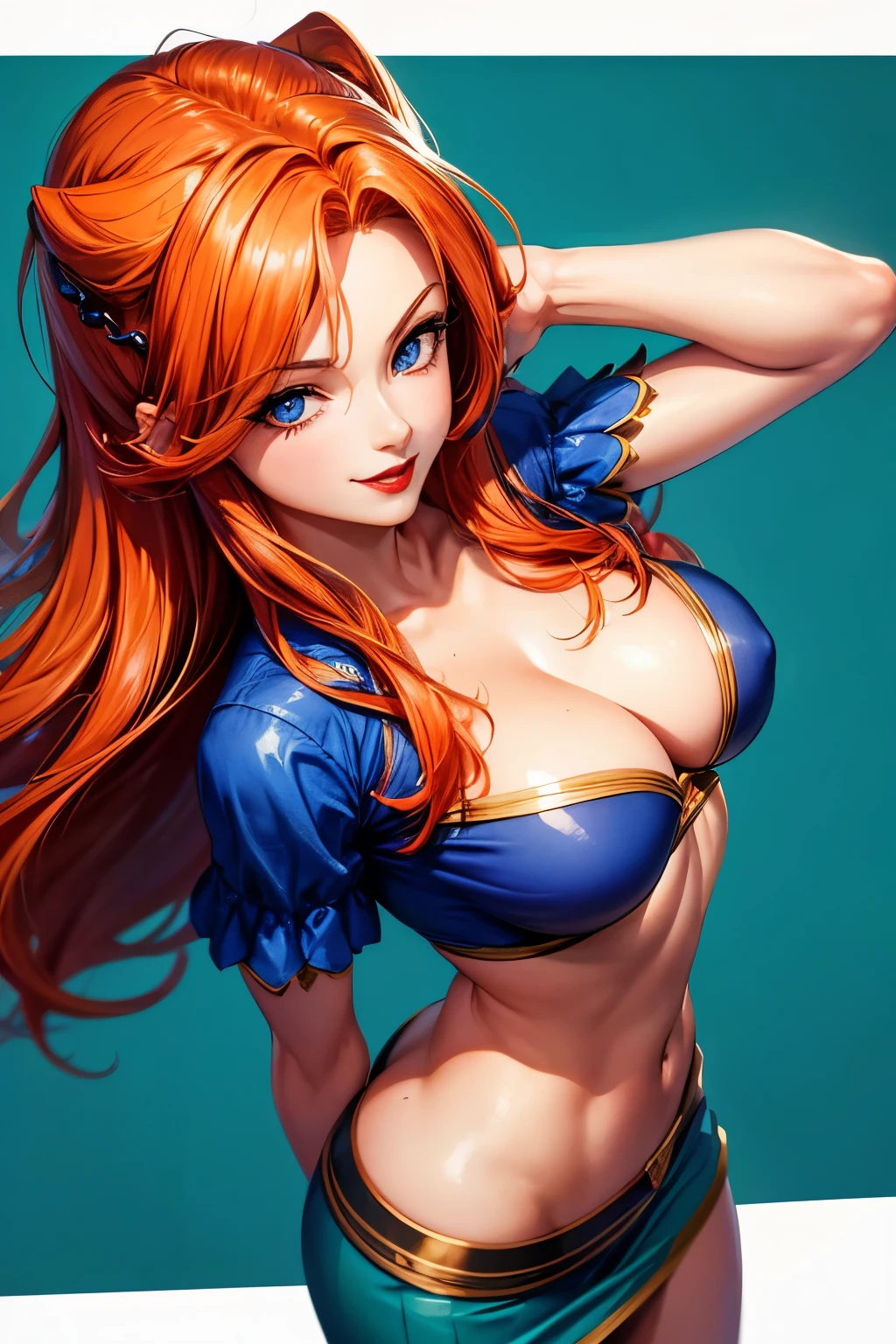 Masterpiece, full hd, high quality, super detail, woman, 30 years, perfect body, medium breasts, red lips, seductive smile, passionate look, blue eyes, orange hair, blue crio top, green skirt, tattu, 2d background, social media composition, seductive posture, from above 