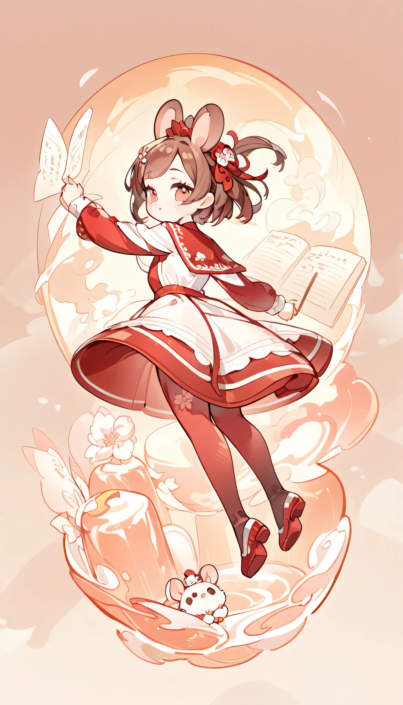 jump，looking back，super high quality，Depth of detail，Q version three-headed body、Mouse ears，transparent watercolor、girl、Beautiful arrangement and theme、Writing limit depth、Flat avatar, 1girl, （short brown hair）， hair tip white,Fashionable design clothing(red and white)),background white、 Lovely girl, modest dress, Sakura pantyhose