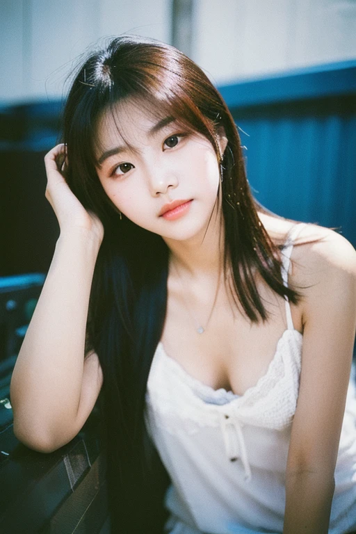 a young Asian woman wearing a white V-neck t-shirt, black choker, big breasts. lying on his side with his cheek on the bed, in a dimly lit room at night.