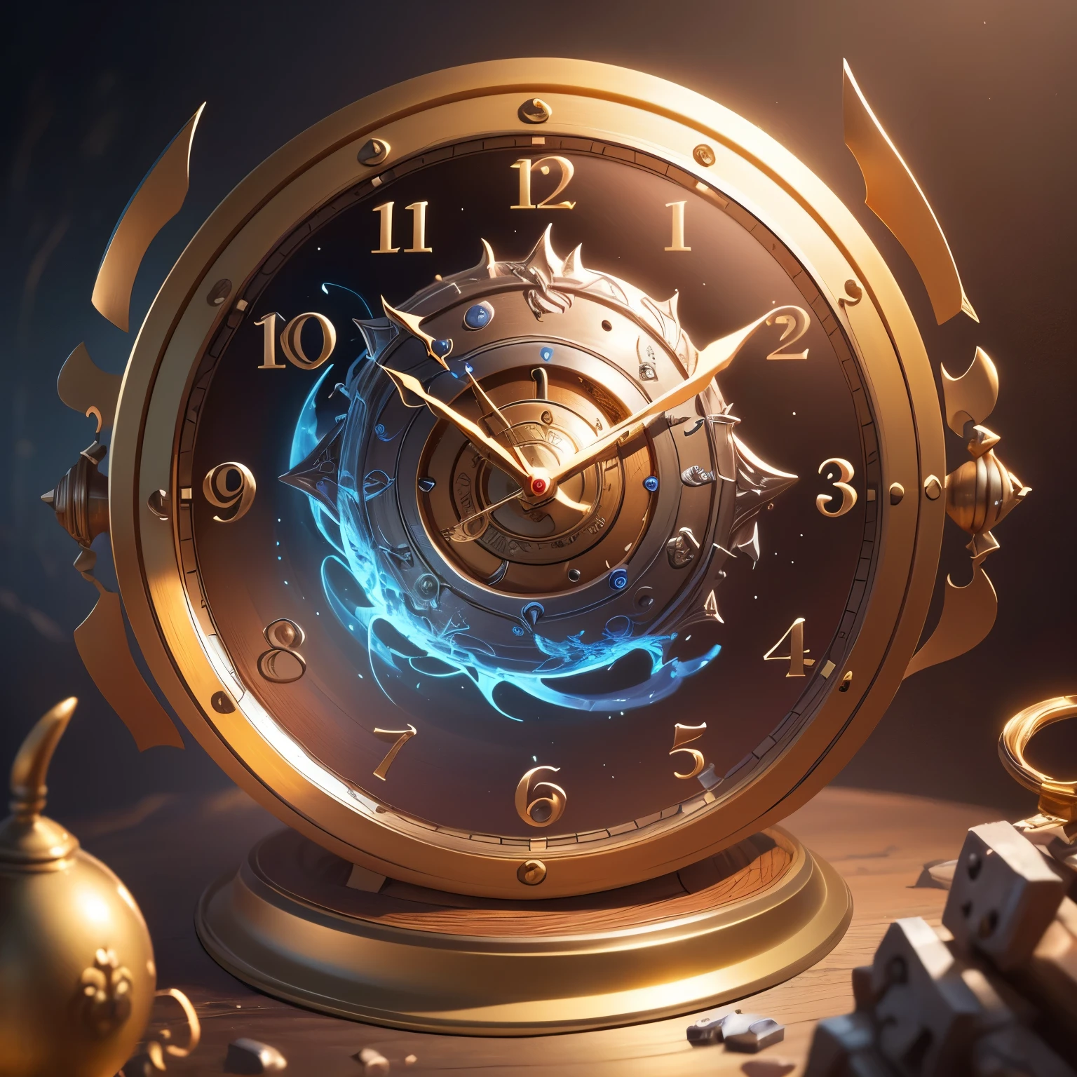 (A single large clock:1),(Metal Material,Metallic luster:1.2),Recent photos,game design,(front:1),Magic wind,diablo concept,masterpiece, (Extremely detailed CG unified 8k wallpaper), (best quality), (Best Illustration), Realistic lighting,No human-related