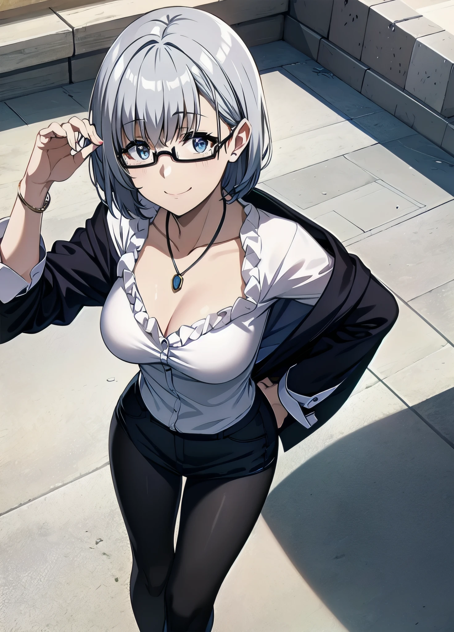 1girl, alternate_costume, bespectacled, closed_mouth, collarbone, glasses, jewelry, necklace, pendant, semi-rimless_eyewear, short_hair, silver_hair, smile, solo, under-rim_eyewear,