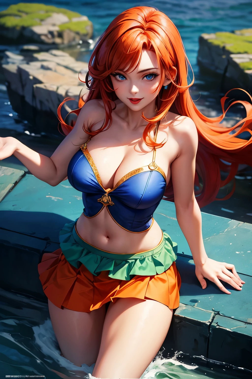 Masterpiece, full hd, high quality, super detail, woman, 30 years, perfect body, medium breasts, red lips, seductive smile, passionate look, blue eyes, orange hair, blue crio top, green skirt, tattu, 2d background, social media composition, seductive posture, from above