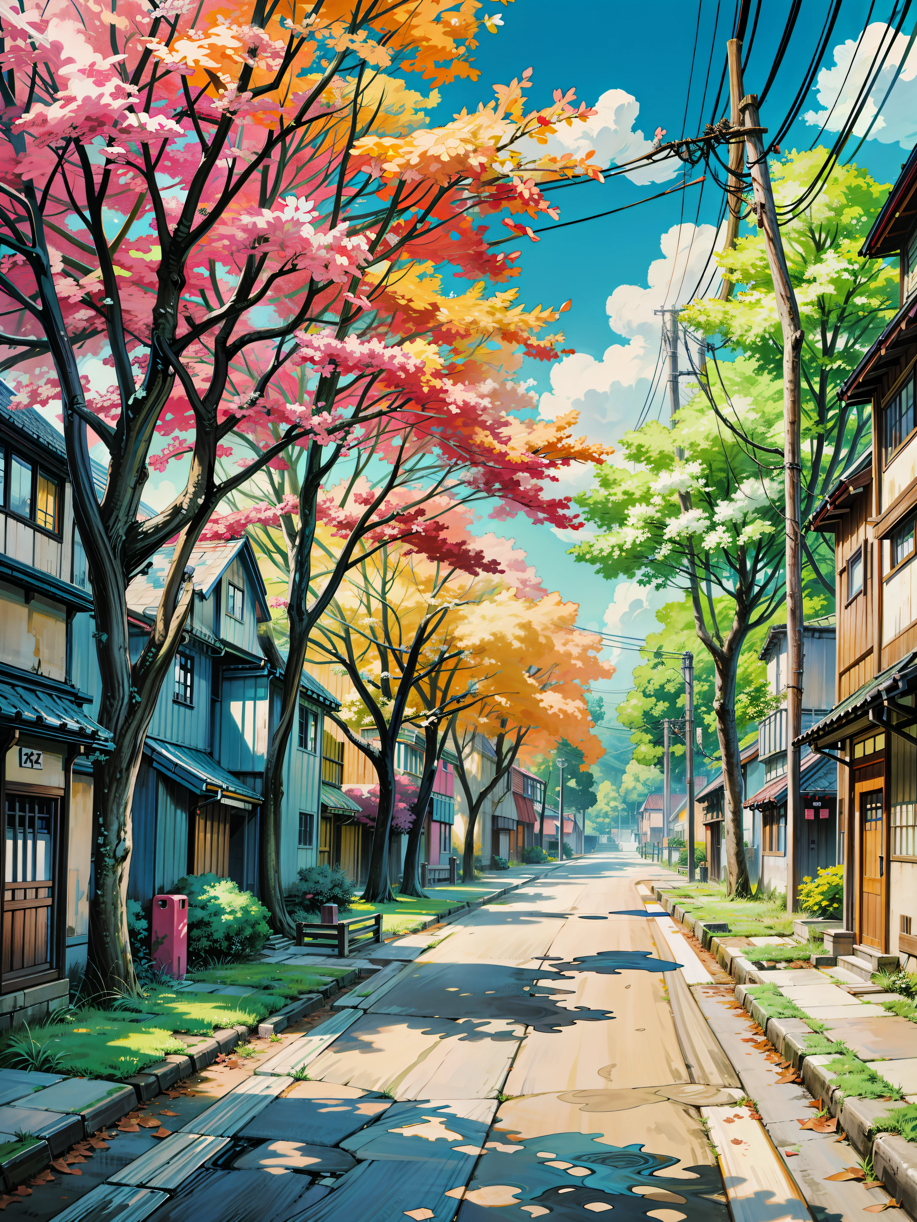 a painting of a street lined with colorful trees, anime scenery, anime background art, anime beautiful peace scene, beautiful anime scenery, anime nature wallpap, anime. by makoto shinkai, anime scenery concept art, colorful anime movie background, anime landscape, anime nature, style of makoto shinkai, anime landscape wallpaper, anime movie background, kyoto animation, 4k hd, beautiful art uhd 4 k, a beautiful artwork illustration, beautiful digital painting, highly detailed digital painting, beautiful digital artwork, detailed painting 4 k, very detailed digital painting, rich picturesque colors, gorgeous digital painting