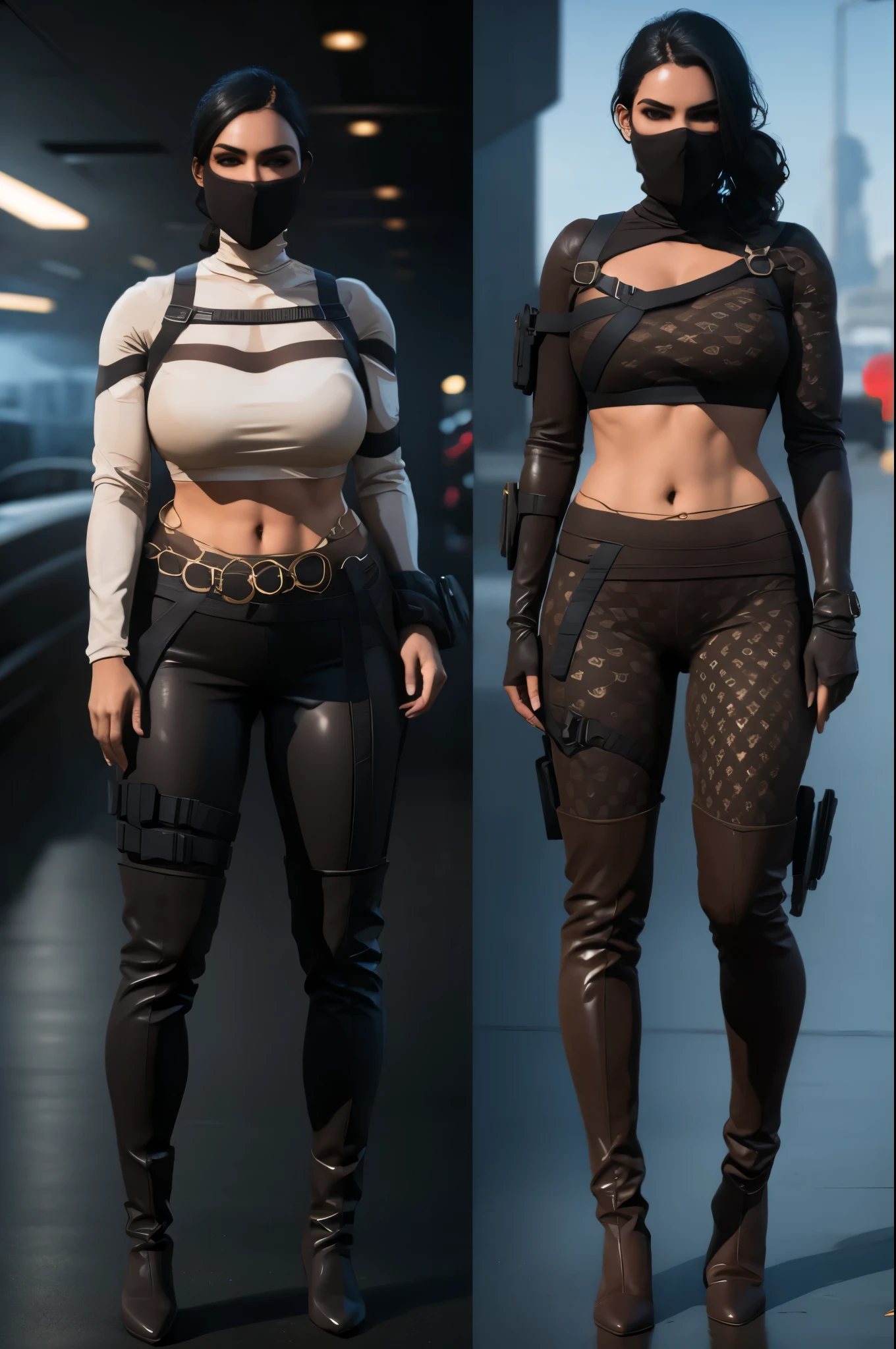 (full body portrait, 1girl, looking at viewer, highly detailed, anatomy correct, perfect face, eyes, and hands:1.4), tactical gear, coffee knee boots, (athletic body:1.3), coffee leggings, jewelry, black ponytail hair, ski mask, ((Best quality, masterpiece, Very beautiful woman)), Depth-of-field, Multi-layered textures, HDR (High Dynamic Range), Ray Tracing, NVIDIA RTX, Unreal 5, Subsurface scattering, PBR Texturing, Post-processing, Anisotropic Filtering, Maximum clarity and sharpness, Wide aperture, Low ISO, White balance, Rule of thirds, 8K RAW, (extremely slutty), (Highly realistic skin), sharp image, (extremely high quality artwork), black hair