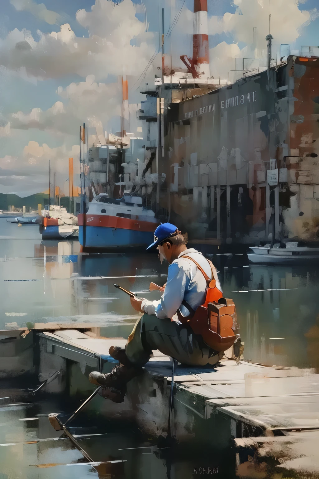 Oil tanker docked in the shipyard，The workers are busy working，close shot，close up，Master oil painting,Landscape Artwork,Anyang,Clear brush texture,A masterpiece of extraordinary masters,Ultra-clear,8k