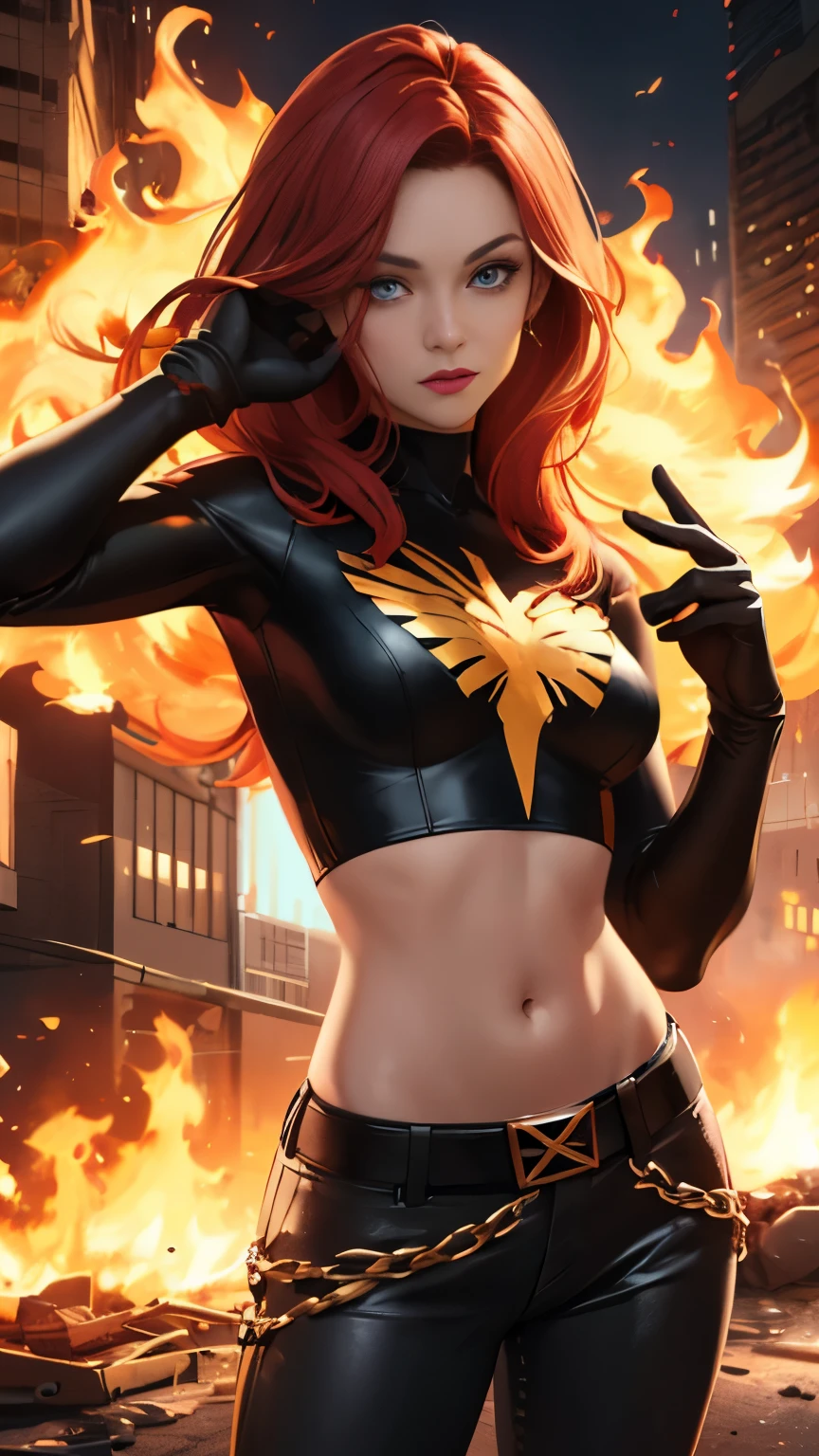 (Highly quality, masterpiece, detailed), burning city detailed scenario, burning city detailed background, jean-grey, belt, red leather crop top, gloves, Phoenix symbol on chest, red leather pants, navel, perfect face, beautiful eyes, looking at the viewer, Sexy pose