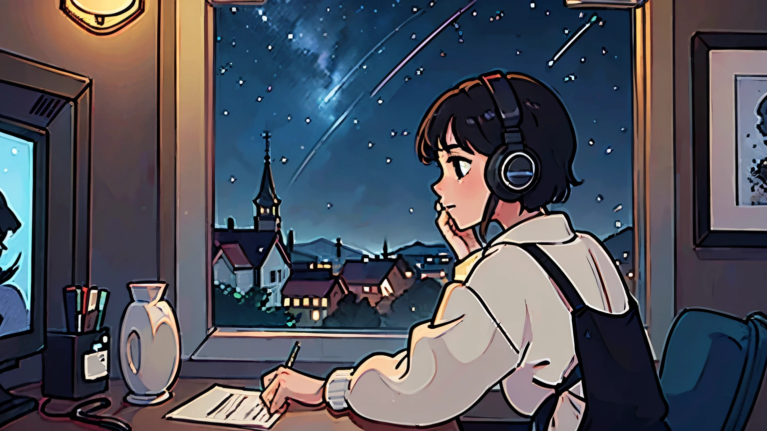 Create a scene of a 25-year-old girl looking outside, while listening to music with her headphones, in a calm and relaxed environment, with short black hair, seen from behind, looking at the horizon, at night, and through the window you can see fireflies and a beautiful landscape full of stars at night, character with a lot of detail in the face, hands and hair