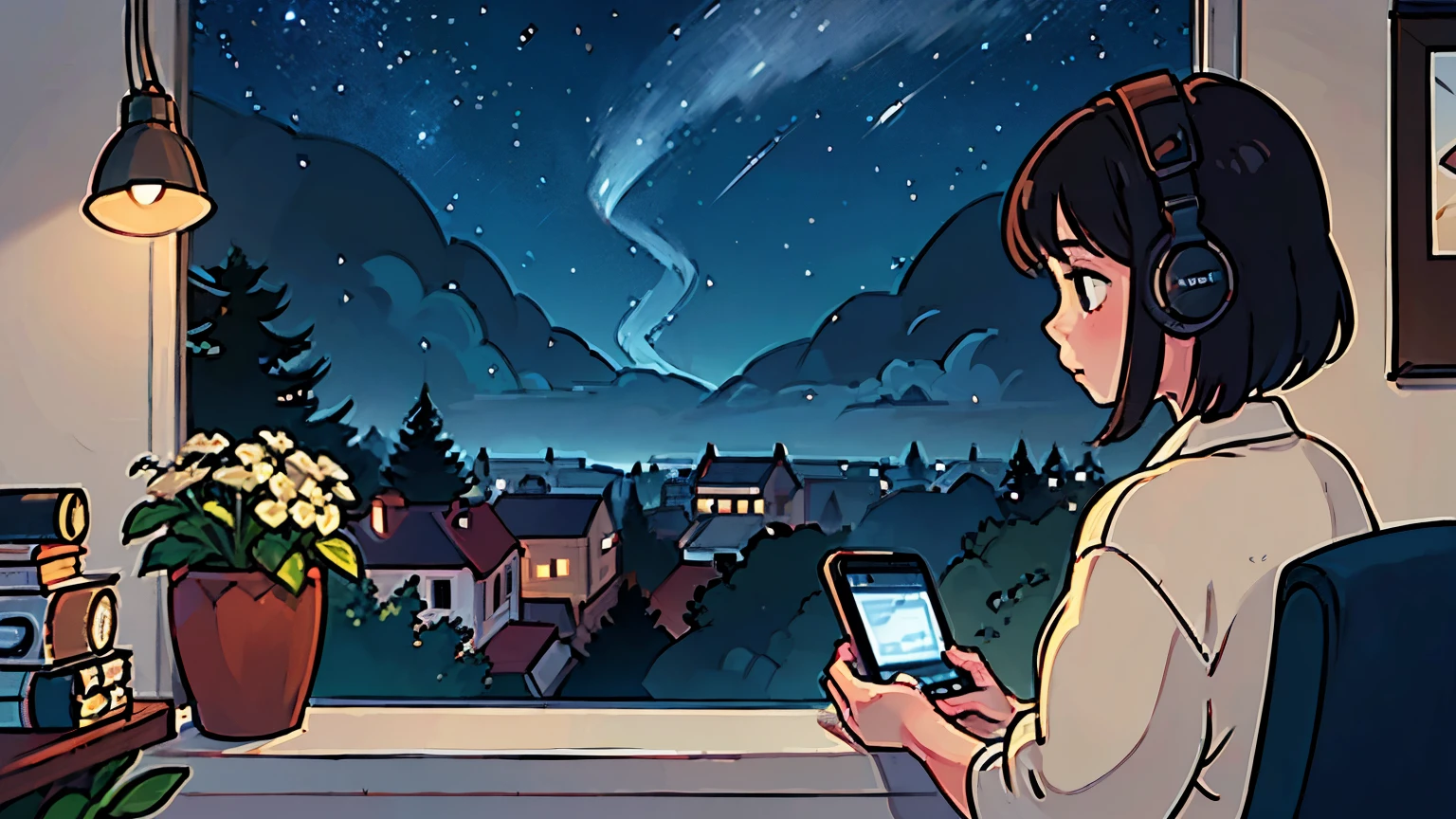 Create a scene of a 25-year-old girl looking outside, while listening to music with her headphones, in a calm and relaxed environment, with short black hair, seen from behind, looking at the horizon, at night, and through the window you can see fireflies and a beautiful landscape full of stars at night, character with a lot of detail in the face, hands and hair