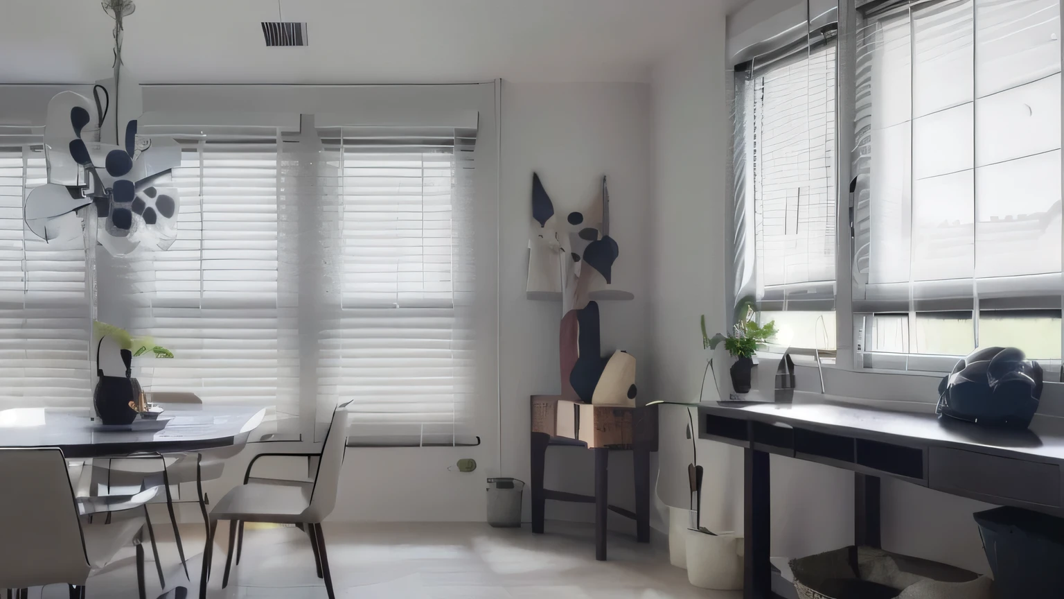 (masterpiece, best quality, illustration,8K), window blinds, gray wooden blinds, close-up, straight blinds, cinematic lighting,beautiful, (dining room), perfect lighting,
Nayuta Nordic Modern Interior Design, scenery, no humans, 
 