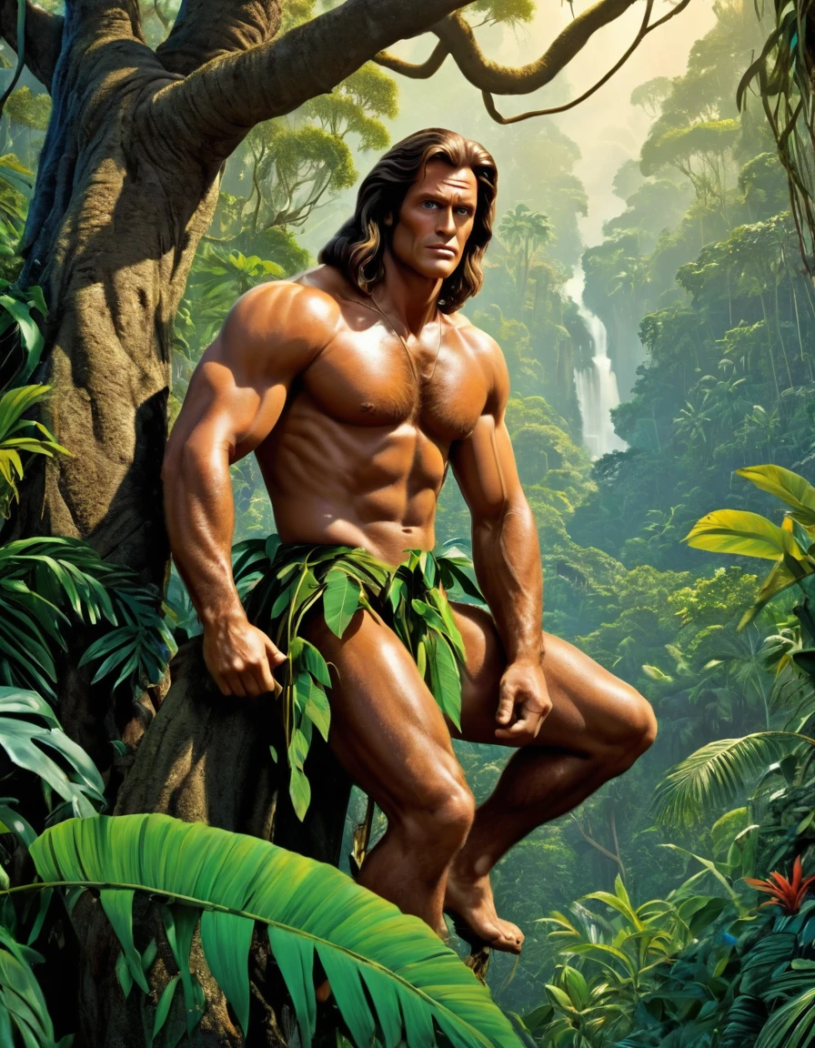 Create a Cinematic portrait scene of Tarzan, detailed face, detailed eyes, sits on the biggest branc of the towering Tree, looking bellow the jungle, insanely detailed and intricate Tropical Jungle Floras, ultrahigh resolution, ultrasharp picture, a masterpiece cinematic photo realistic illustration of color comic maestro Don Lawrence, super detailed, high resolution, full vibrant color, volumetric lighting, octane render, octane lighting