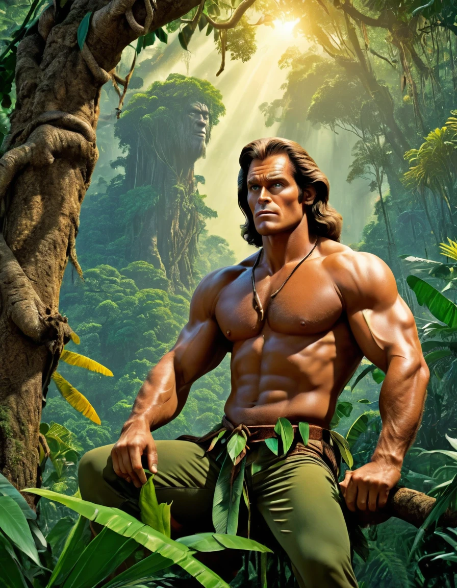 Create a Cinematic portrait scene of Tarzan, detailed face, detailed eyes, sits on the biggest branc of the towering Tree, looking bellow the jungle, insanely detailed and intricate Tropical Jungle Floras, ultrahigh resolution, ultrasharp picture, a masterpiece cinematic photo realistic illustration of color comic maestro Don Lawrence, super detailed, high resolution, full vibrant color, volumetric lighting, octane render, octane lighting