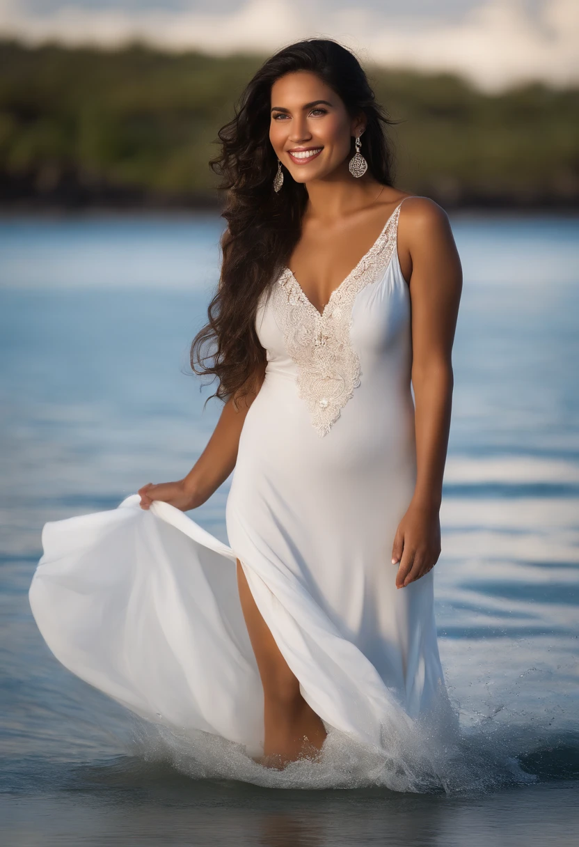 a beautiful Polynesian woman, comes out of the lagoon water at the end of the afternoon, long wet hair, wavy black hair, grosses poitrines, Longue robe, Elegant white dress, sans boucle d&#39;oreille, pieds nus, futur sourire captivant urbain。Resolution 1920*1080