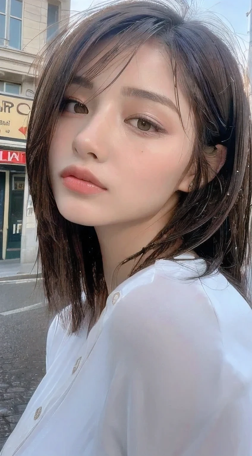 ((best quality, 8k, masterpiece: 1.3)), sharp: 1.2, Beautiful woman with perfect body: 1.4, Slim abdominal muscles: 1.2, ((layered hairstyle, Large Breasts: 1.2)), (wet White Button Long Shirt: 1.1), (rain, street: 1.2), wet: 1.5, Highly detailed face and skin texture, Delicate eyes, Double eyelids, Looking at the camera sideways,cleavage