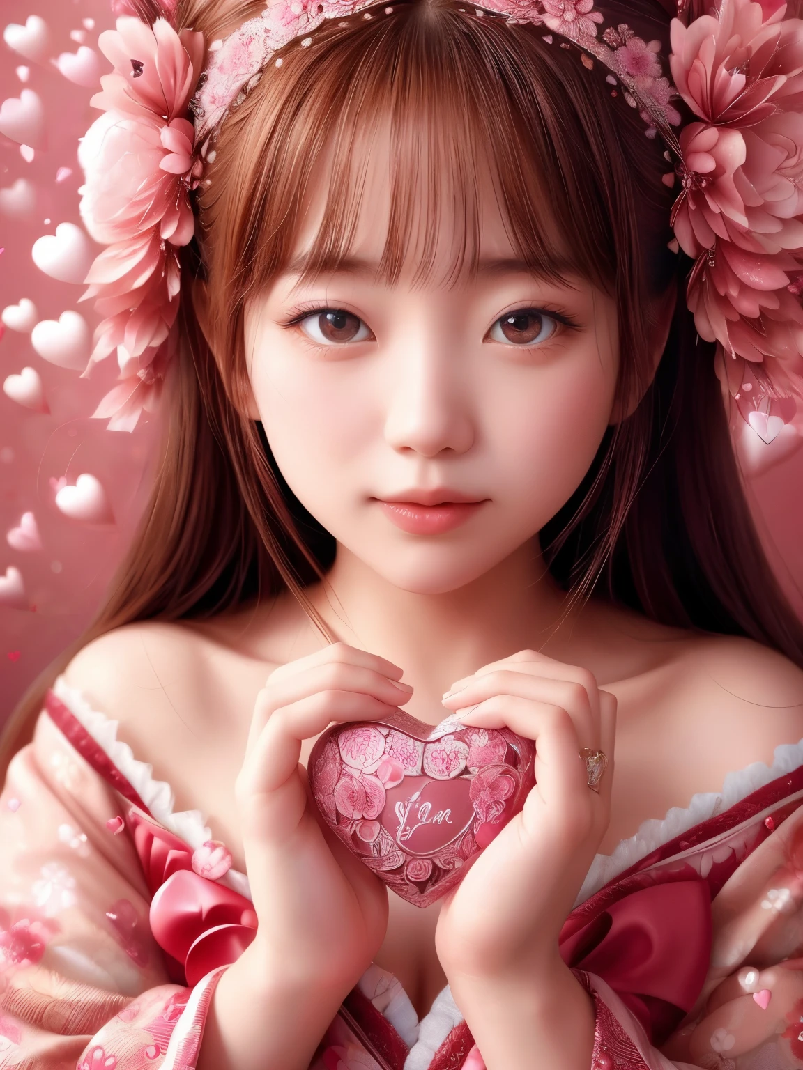 Hyper-realistic portrait of a Japanese girl celebrating Valentine's Day, intricate and detailed composition with heart themes, close-up, shallow depth of field, soft lighting, high resolution, accurate representation, unique, creative, well-lit, clear details, Canon EOS R5, 100mm lens, f/1.8, elegant, sophisticated, well-composed, unique pose, warm color tones, romantic