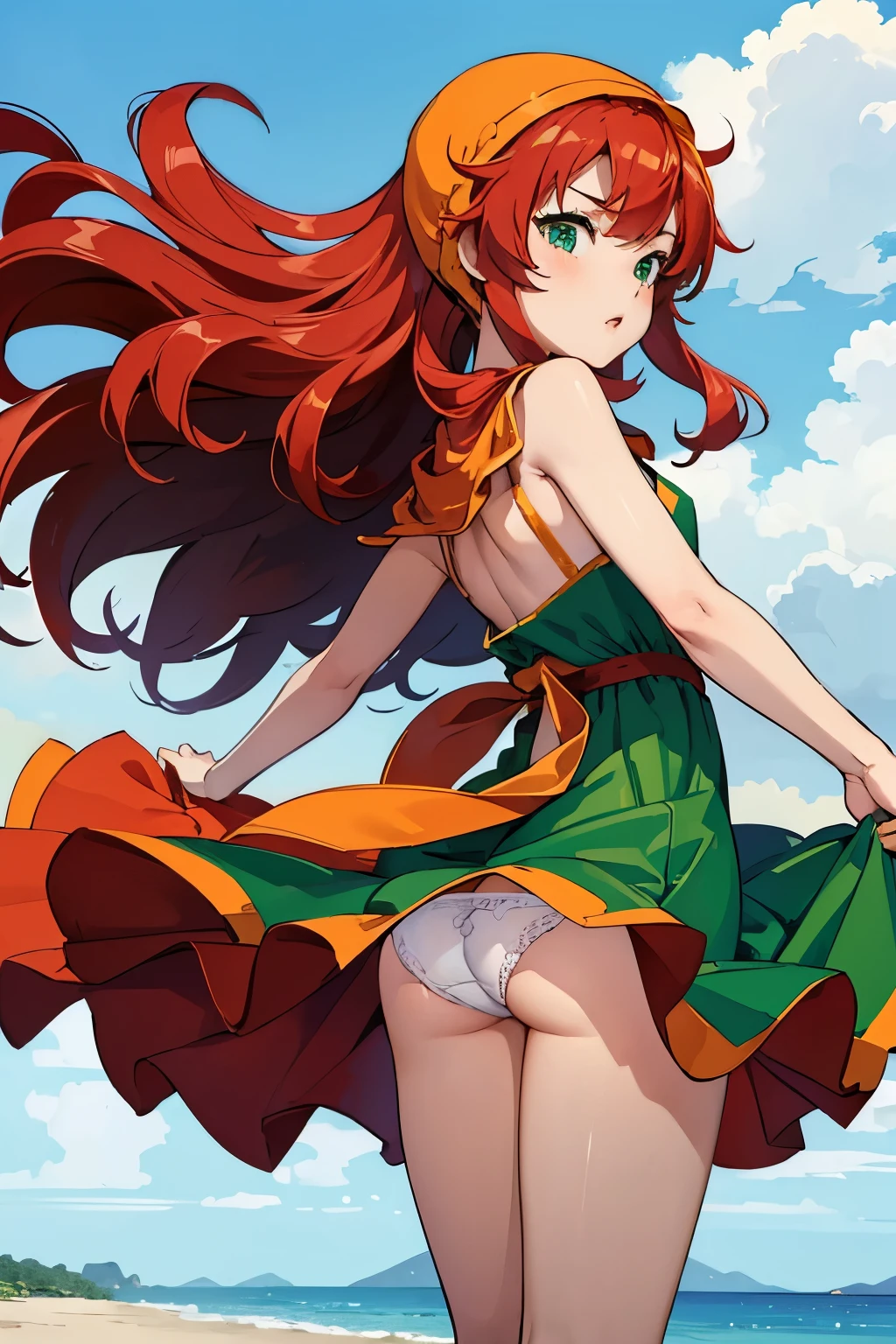 High resolution、highest quality、Small stature、Small shoulders、White skin、long hair、slender、maribel、 red hair、(((long green dress、Green Mini Dress、Big slit))), (orange hood)、blush、Thin thighs、(outdoor、beach)、((Are standing、The strong wind blew her dress up, exposing her panties))、white panties with detailed decorations、From the back、Small Ass