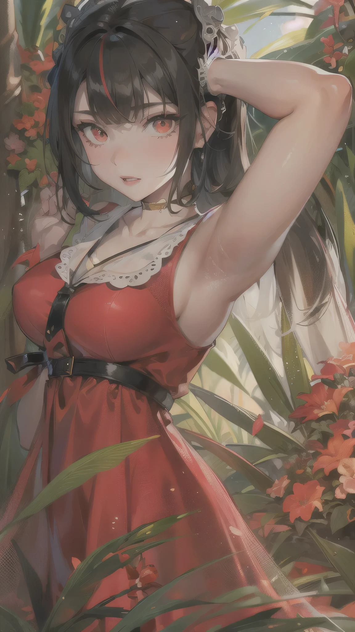 (perfect anatomy, masterpiece:1.4, best quality, 16k, beautiful detailed grow), break, ((Shoots a huge beam from the palm of own hand)) (solo straight black hair long hair femdom cute girl, ((18 yo)), detailed red eyes, soft smile), (in a Summer red dress), break, in the battle field.