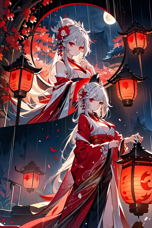 Masterpiece,detailed body,Detailed facial expressions,Beautiful Face,A profusion of flowers,Flowers falling,Alluring,sex appeal,Half naked,Japanese style,Beauty,rain,Red lantern,big crescent moon,