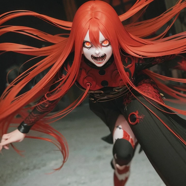 a person with long red hair, inspired by Junji Ito, auto-destructive art, bright demonic glowing eyes, 2 0 1 9 anime screenshot, bloody scene, from 100 zoom, kawacy, the anime zombie girl is running, shocked look, face and skin covered is red blood, 2 0 2 1 anime, clockwork horror,