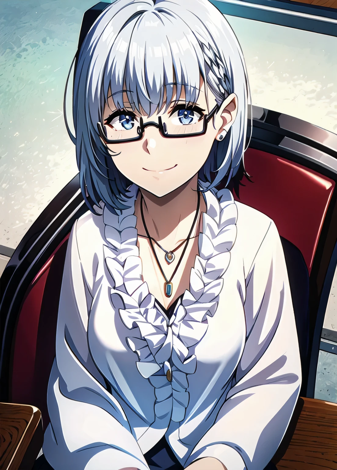 1girl, alternate_costume, bespectacled, closed_mouth, collarbone, glasses, jewelry, necklace, pendant, semi-rimless_eyewear, short_hair, silver_hair, smile, solo, under-rim_eyewear,
