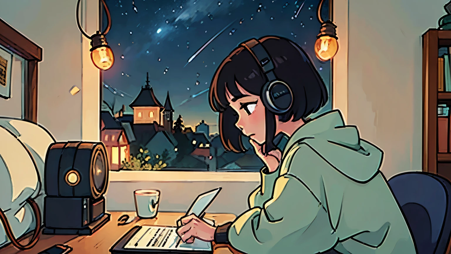 Create a scene of a 25-year-old girl looking outside, while listening to music with her headphones, in a calm and relaxed environment, with short black hair, seen from behind, looking at the horizon, at night, and through the window you can see fireflies and a beautiful landscape full of stars at night, character with a lot of detail in the face, hands and hair