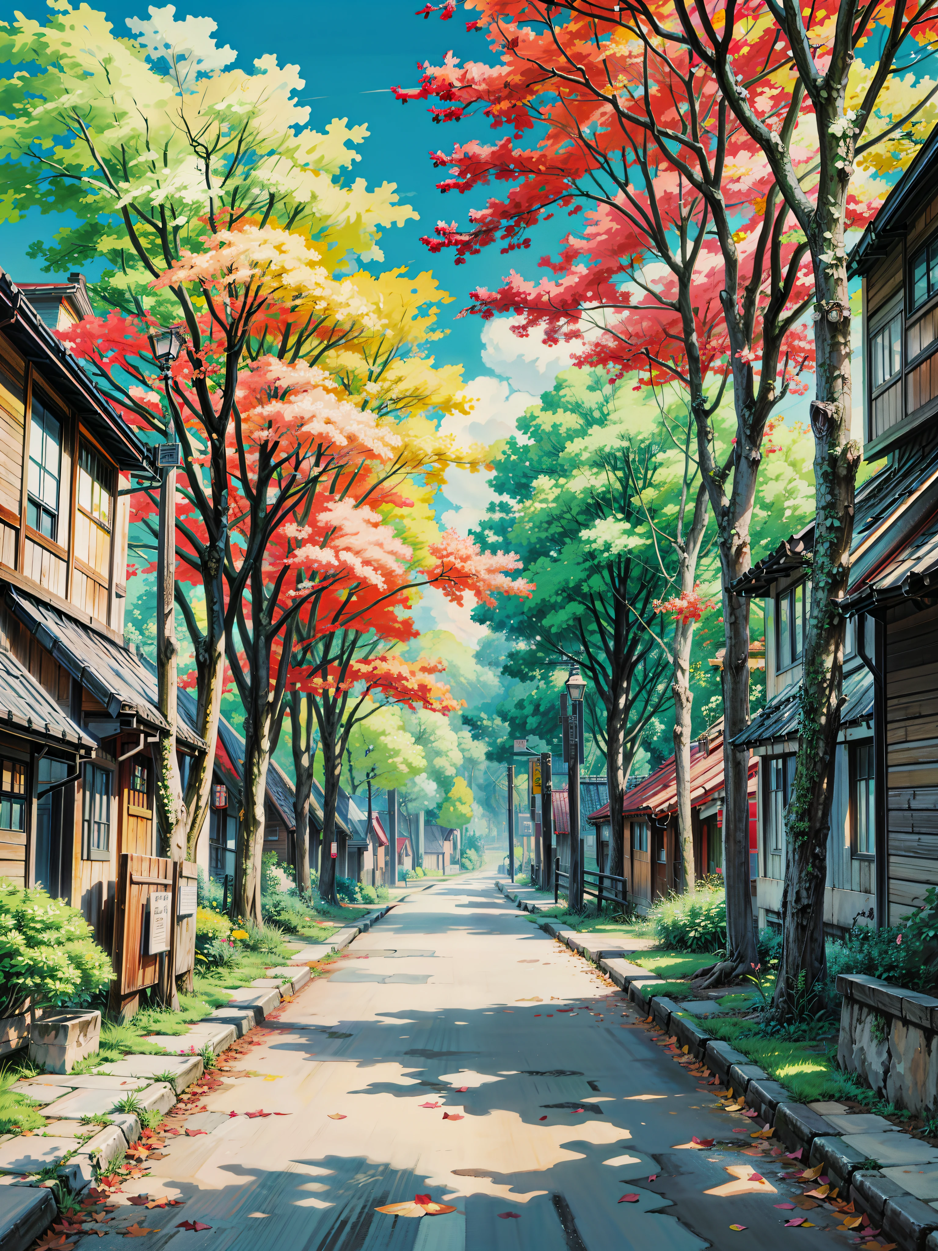 a painting of a street lined with colorful trees, anime scenery, anime background art, anime beautiful peace scene, beautiful anime scenery, anime nature wallpap, anime. by makoto shinkai, anime scenery concept art, colorful anime movie background, anime landscape, anime nature, style of makoto shinkai, anime landscape wallpaper, anime movie background, kyoto animation, 4k hd, beautiful art uhd 4 k, a beautiful artwork illustration, beautiful digital painting, highly detailed digital painting, beautiful digital artwork, detailed painting 4 k, very detailed digital painting, rich picturesque colors, gorgeous digital painting