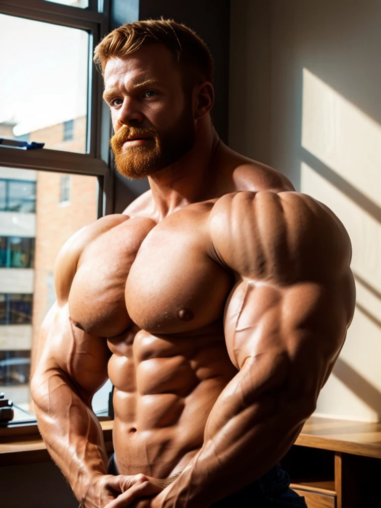 ginger daddy, teacher, tan skin, (natural daylight:1.3), (good face:1.5), (male model:1.6), dimly lit, dark studio, very handsome male model with a beard, ginger, handsome, (beautiful:1.3), gorgeous, high quality face, ginger, perfect biceps, (round biceps:1.5), realistic face, (gigantic bodybuilder:1.9), classroom, (fully clothed:1.8), glasses