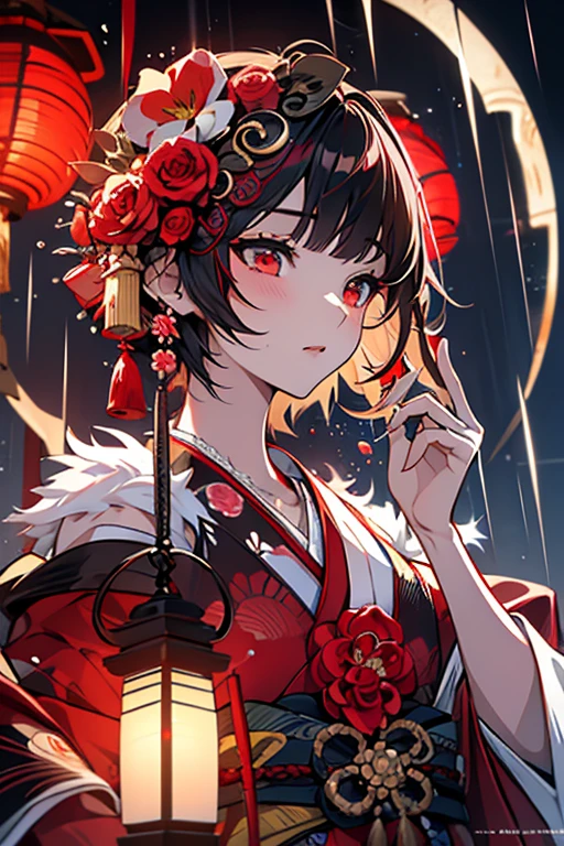 1 person female,Masterpiece,detailed body,Detailed facial expressions,Beautiful Face,A profusion of flowers,Flowers falling,Alluring,sex appeal,Japanese style,rain,Red lantern,big crescent moon,