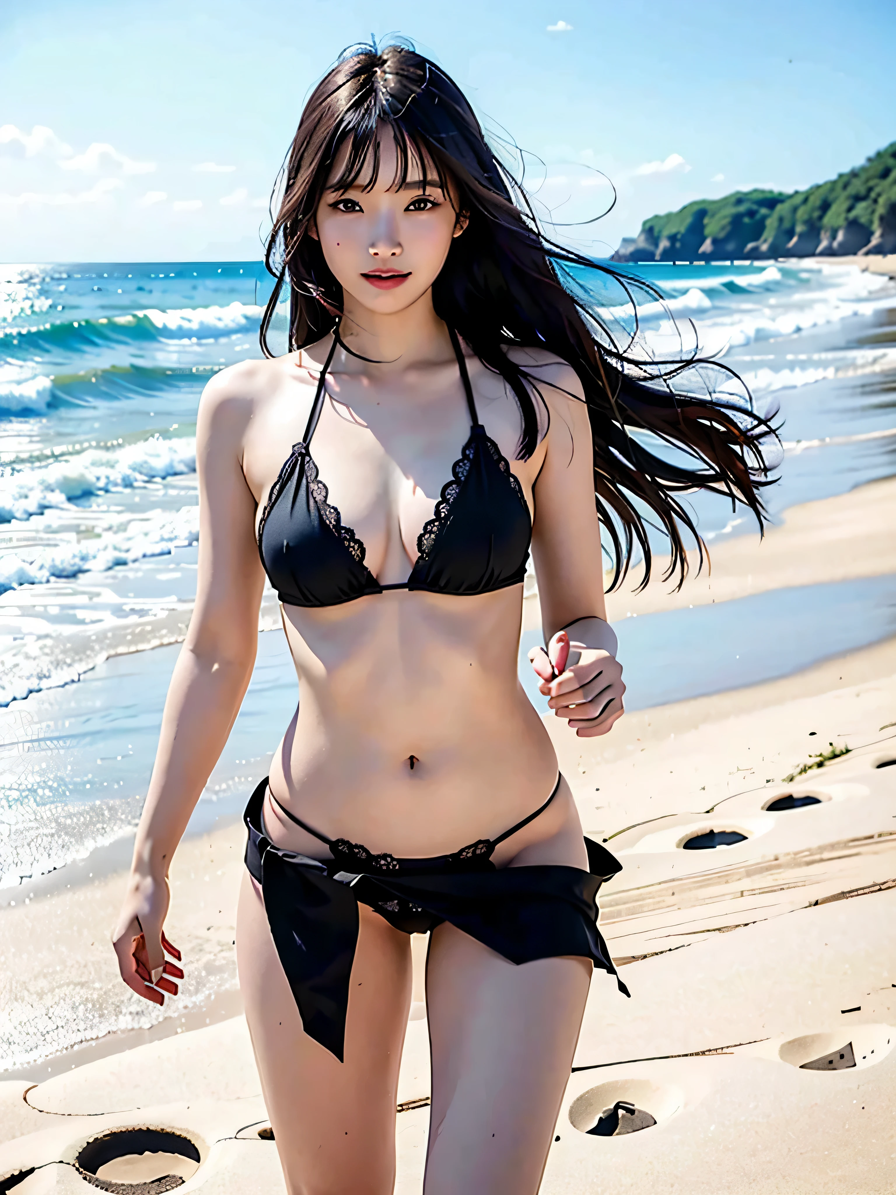 Representative works, Realistic, Surrealistic, Highest quality, camera photo、 Long Hair, Black Hair, Hair fluttering in the wind, nsfw,navel,naked, Full Body Esbian, (smile), Wind, Raw photo, delicate, (Intricate details:1.3), Hyper Detail, Delicate details, colorful, 1girl in, solo, 8K UHD, Film Grain, (photorealistic:1.3), (More skin:1.2), Beautiful details, Skin Texture, Light of the sun, Beach、Beach、Clear sky