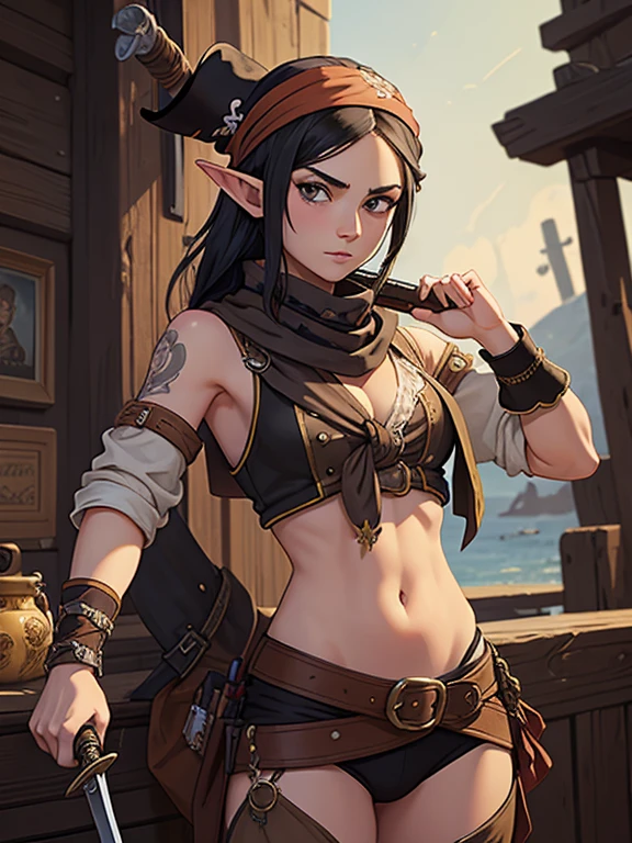 Masterpiece, digital artwork, cowboy shot, A pirate elf lady , just a random scallywag, black tied hair, brown eyes, with a sword, highly detailed, intricately detailed, navel, waist, (pirate bandana:1.2)