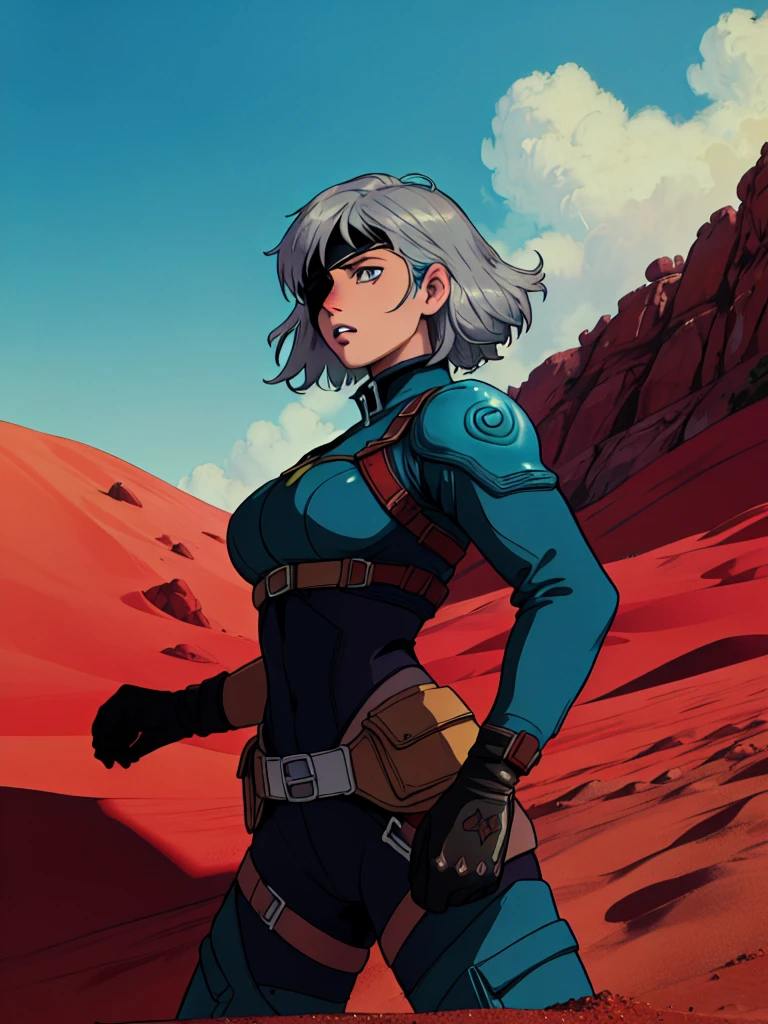 masterpiece, best quality, high quality, absurdres, illustration, film grain, chromatic aberration, dramatic lighting, (high resolution,masterpiece, ultra best quality, insanely amazing hyper fine extremely detailed, official:1.4)
(solo girl, female),(eye patch on left eyes ),((solo girl)),
((punk outfit )),((short silver hair ))++++, dynamique pose, full body, look at viewer, front pose
break
in the style of a 80's movie and japan animation,(( inspired by dune, nausicaä of the valley of the wind, trigun, akira),(masterpiece:1.5, best quality:1.5),(red sand desert), (red desert landscape), ruine in backgournd, amazing, beautiful detailed, extremely detailed wallpaper, extremely detailed CG unity 8k wallpaper, extremely delicate and beautiful, finely detailed, extremely detailed wallpaper, official art, detailed background, beautiful detailed shadow: 1.5, cinematic lighting, backlight),