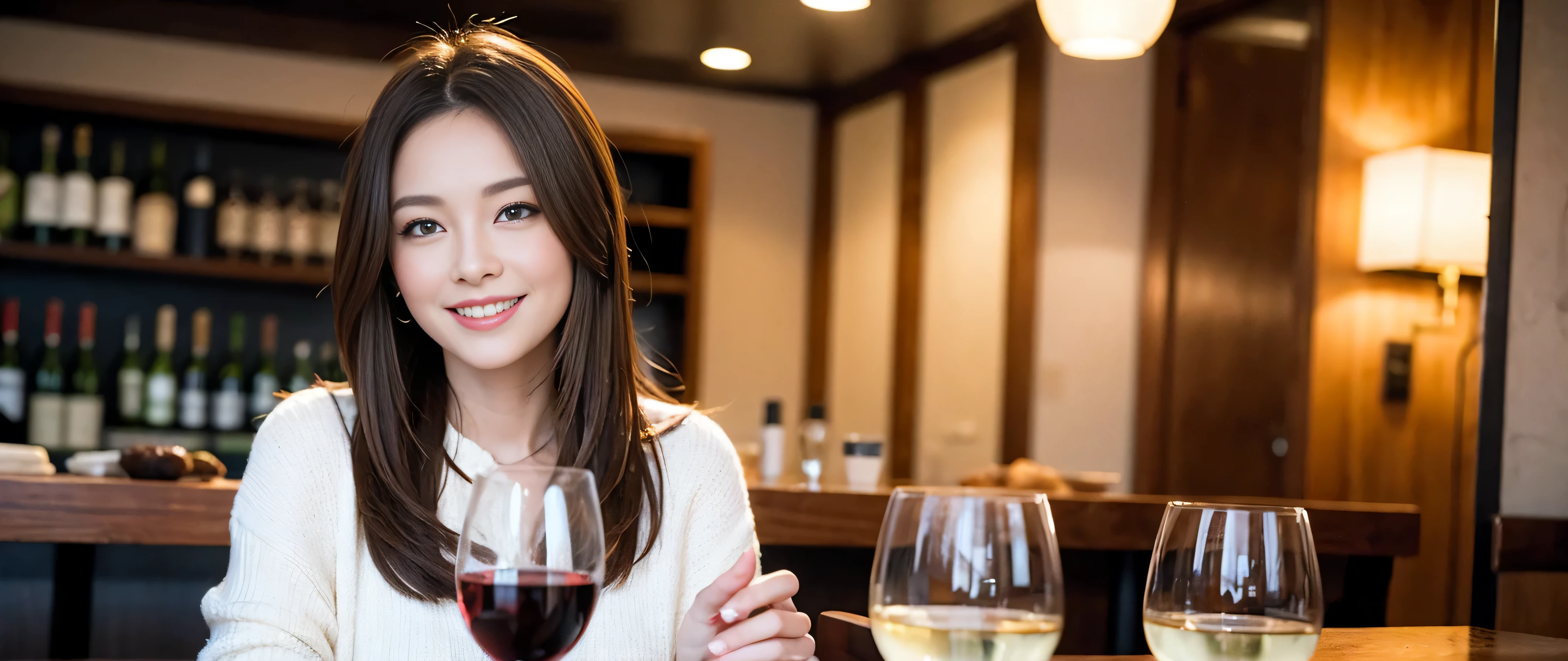 ((highest quality、8k、masterpiece:1.3))、Beautiful woman perfect body:1.4、Slim body、((Bob Hale、Straight hair:1.2))、 Ultra-high resolution, Bright image、2. The beauty of wine, Beautiful Face, blue eyes, Beautiful Eyes, The light shines on your face, Blushing your nose, short hair,Spectacular view of the sunset sky and clouds、Amazing mountain views、A bright smile、A lovely woman with a smile、bright face、Fox face、lady、Champagne、Wine bottle、wine glass、red wine 、Appetizer、Italian food、Two beauties、brown hair、Shortcuts、Long sleeve shirt、Winter Fashion、dress、Wine bottle、sparkling wine、Pretty Woman 1, (slim face), (brown hair), (Shortcuts), cheeks turn a little red, (42 years old), 37 years old, charming beauty、restaurant, Nova Frog Style, actress, model, Upper Body, White wine, slim, wine glass, wine glass placed in the middle, smile, (smile: 1.15), Beautiful Eyes, Strong light and shadow,Moist Body:1.5、Delicate eyes、brown hair、The hair is very shiny、