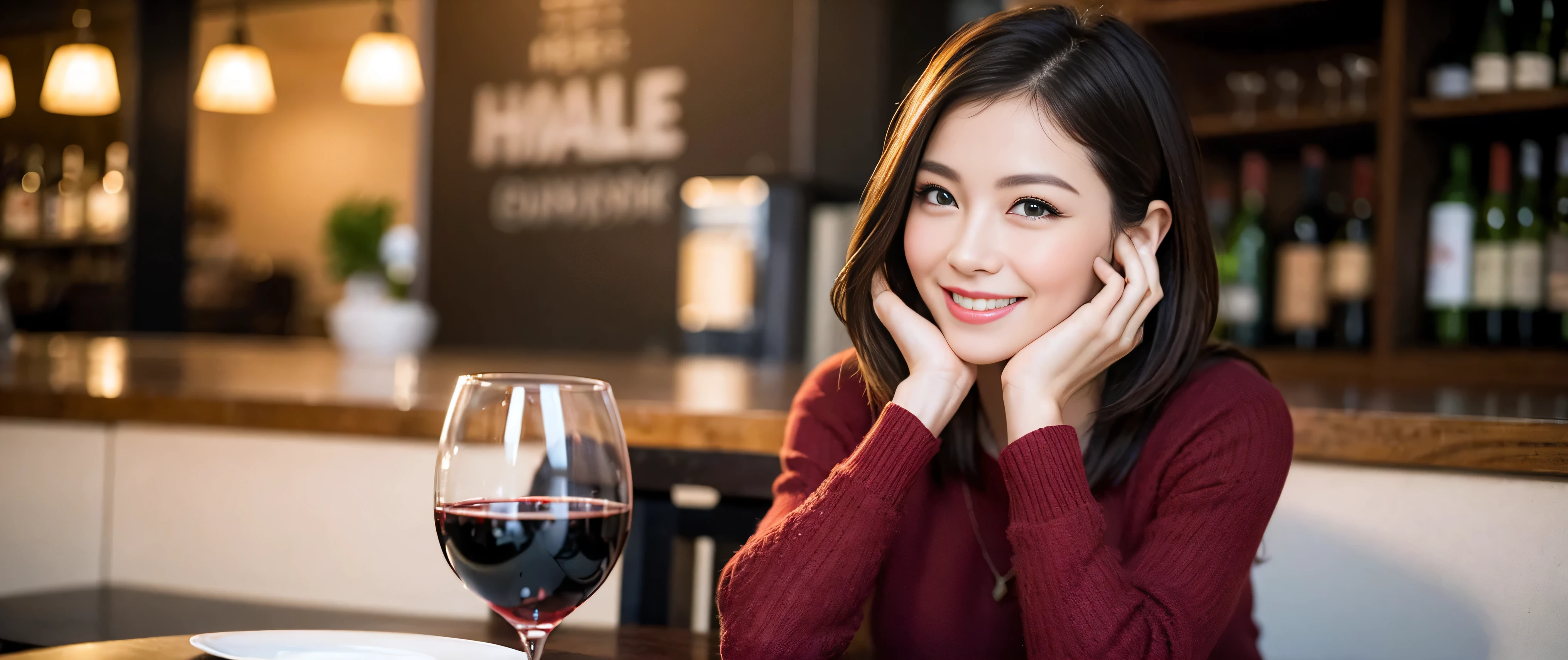 ((highest quality、8k、masterpiece:1.3))、Beautiful woman perfect body:1.4、Slim body、((Bob Hale、Straight hair:1.2))、 Ultra-high resolution, Bright image、2. The beauty of wine, Beautiful Face, blue eyes, Beautiful Eyes, The light shines on your face, Blushing your nose, short hair,Spectacular view of the sunset sky and clouds、Amazing mountain views、A bright smile、A lovely woman with a smile、bright face、Fox face、lady、Champagne、Wine bottle、wine glass、red wine 、Appetizer、Italian food、Two beauties、brown hair、Shortcuts、Long sleeve shirt、Winter Fashion、dress、Wine bottle、sparkling wine、Pretty Woman 1, (slim face), (brown hair), (Shortcuts), cheeks turn a little red, (42 years old), 37 years old, charming beauty、restaurant, Nova Frog Style, actress, model, Upper Body, White wine, slim, wine glass, wine glass placed in the middle, smile, (smile: 1.15), Beautiful Eyes, Strong light and shadow,Moist Body:1.5、Delicate eyes、brown hair、The hair is very shiny、