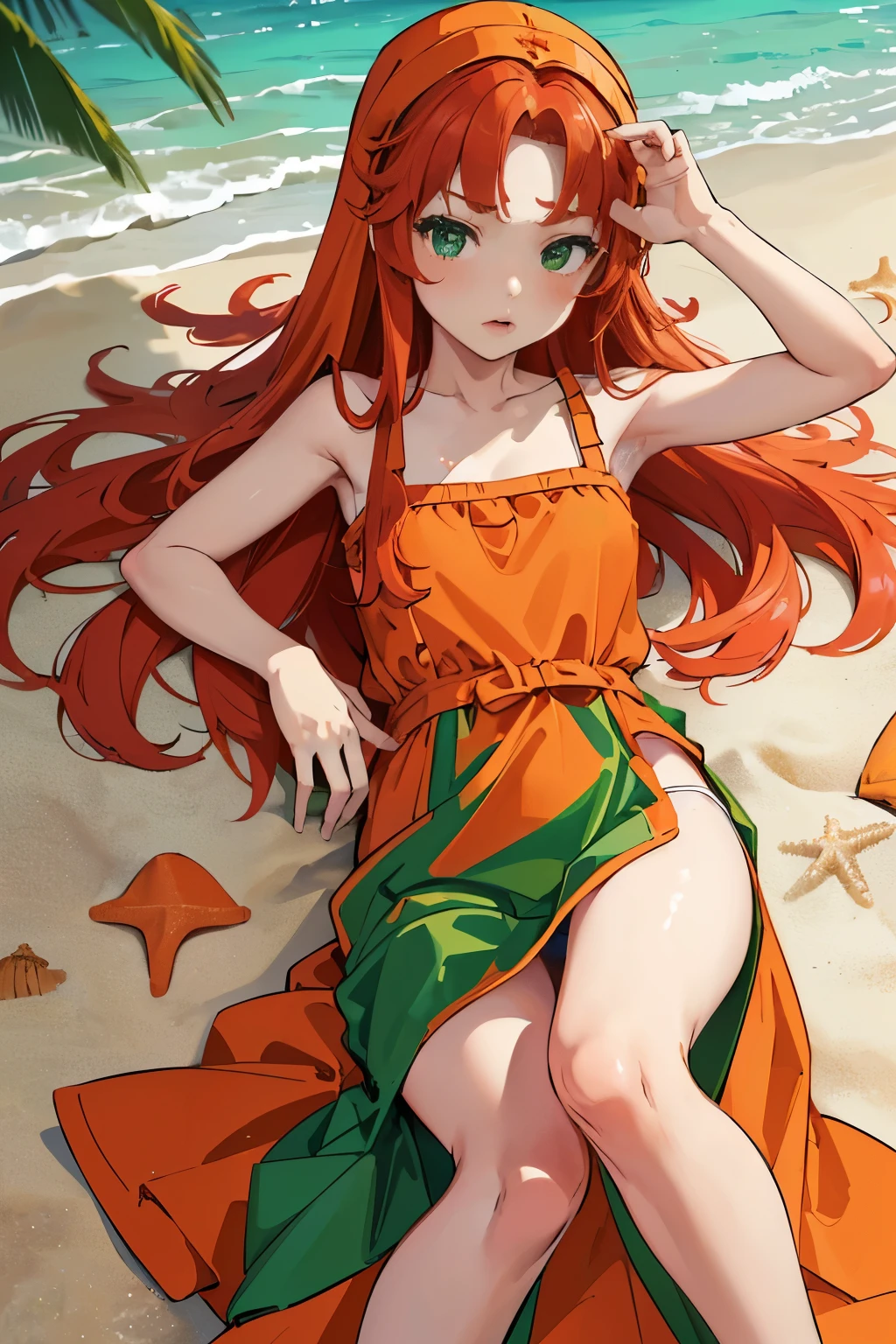 High resolution、highest quality、Small stature、Small shoulders、White skin、long hair、slender、maribel、 red hair、(((long green dress、Green Mini Dress、Big slit))),  (orange hood)、blush、Thin thighs、((outdoor、beach))、(((lie down on the sandy beach、lie face up、white panties with detailed decorations)))