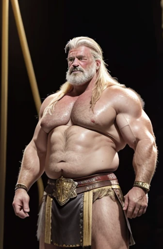  A full body blonde Germanic gladiator from Imperial Rome standing a sweaty old man with blonde and gray hair extremely muscular and extremely fat over 70 years old weighing over 600 pounds with extremely large and very muscular sagging pecs and very hairy with gynecomastia Dark nipples and pointed muscles relaxed in the arena of a circus in imperial Rome wearing a leather skirt 