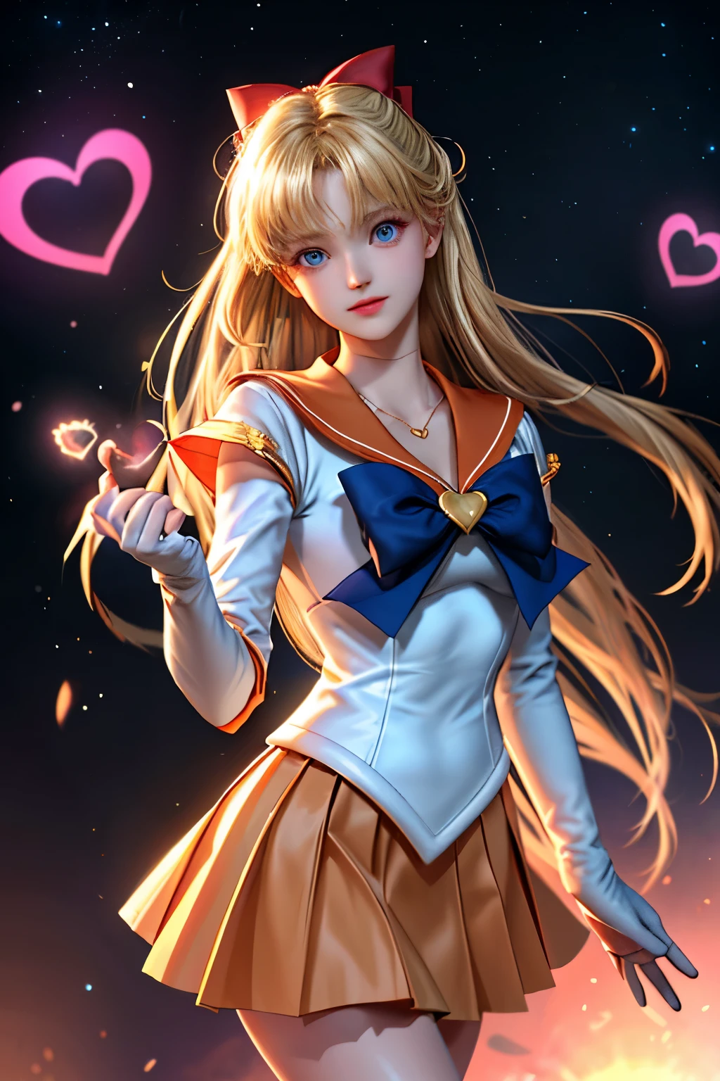 (masterpiece, highest quality; 1.3), Very detailedなCG, Very detailed, 1 girl, alone, smile, Looking at the audience, stylish angle, Long blonde hair, blue eyes, SV1, Sailor suit, Orange Skirt, Elbow hand pockets, tiara, Orange sailor collar, red bow, orange necklace, White gloves, jewelry, Many Hearts, face focus, Venus, tornado, Abstract background, storm of heart, Stop beam, Heart Bubble, Heart Bus, Stop Star, heart flower, Heart Lamp, world of heart, heart background, Galaxy Background, Heart Weapon, Heart Halo,