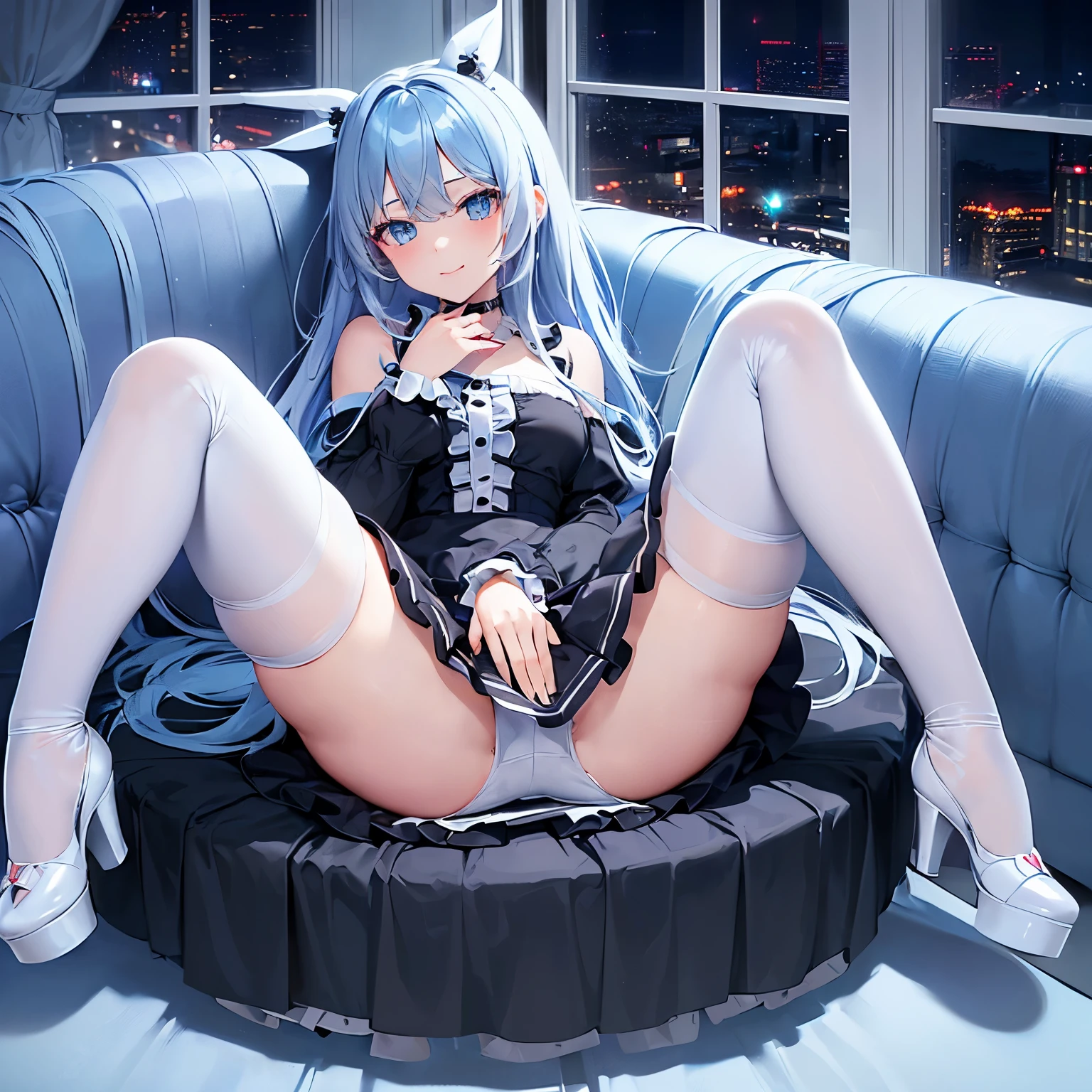 (highest quality),(full body:1.3),(front view:1.3),(one cute girl),wearing black lolita dress,(light blue hair,blue eye,long hair,mini skirt,white thigh-high socks,platform footwear,white panties),(grin),mansion,window,night,sofa,(spread legs:1.6),(hand on own chin:1.4)