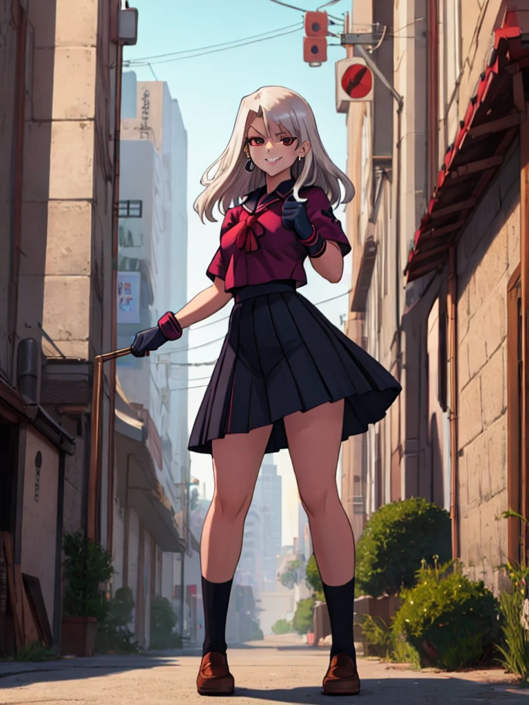 cartoon, sukeban illyasviel_von_einzbern, mature_female, silver hair, holding yoyo, combat pose, full body, flowing hair, hair between the eyes, asymmetrical hair, red eyes, delicate facial features, sukeban deka clothe, looking_at_viewer, outdoors, background tokyo, ((solo girl:1,5))+++++,woman in a 80's sukeban seifuku standing on a set of strees, black , 80's japanese sukeban photo, sukeban seifuku,  80's japan, sukeban, long black skirt, red converse, full body, light skin tone female, full body, tape, arm_support, gloves, red_gloves, bridal gauntlets, blackred_footwear, fighter outfit, full body, hourglass, mature face, cheeky smile, cheeky face, wrinkles,( silver long hair, earrings, ear piercings), (fighting art, Martial arts, standing, fighting_stance, fight, fighting), extra colors, 2D, megapixel, perfectionism, accent lighting, full HD , 4K, masterpiece, empty red eyes,  extra colors, 2D, megapixel, perfectionism, accent lighting, full HD , (Masterpiece:1.2), (full-body-shot:1),(cowboy shot:1.2), (Highly detailed:1.2),(anime Detailed Face:1.2), Colorful, A detailed eye, (Detailed landscape:1.2), (natural lighting:1.2), ((sukeban school teacher)) by Vincent Di Fate: Aidyllery, Anamorphic Shot, rule of thirds, face by Artgerm and WLOP, ((street of rage 4 city backround)), fictive city backround in the style art of street of rage 4,