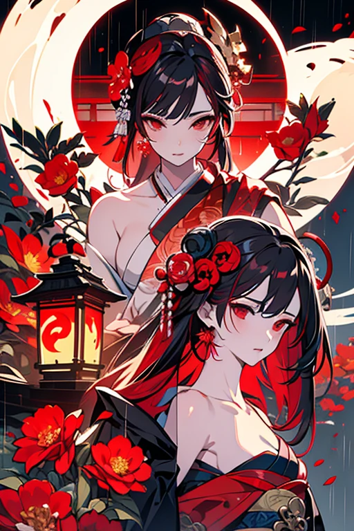 Masterpiece,detailed body,Detailed facial expressions,Beautiful Face,A profusion of flowers,Flowers falling,Alluring,??? appeal,Half ?????,Japanese style,Beauty,rain,Red lantern,(Big red full moon),Onmyoji