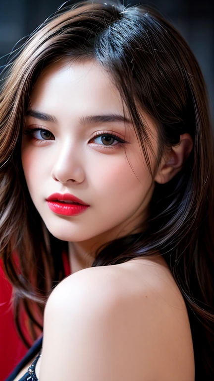 (8ก, Highest quality: 1.2), Extremely detailed, thorough resolution, (realistic, realistic photo: 1.37), Portrait, high definition RAW color photograph, professionally arrested, high definition and beautiful, high definition, 8ก Image wallpaper, Amazing details, Big file size, highly detailed beautiful girl, Extremely detailed face, Finely defined eyes, The skin has a fine texture., Every feature is meticulously displayed., The fingers were neatly outlined., The nose has a precise shape., expressive lips red lipstick , perfect anatomy, background is not blurred, one story, (20:1.2), Twenty generations, cute girl, realistic