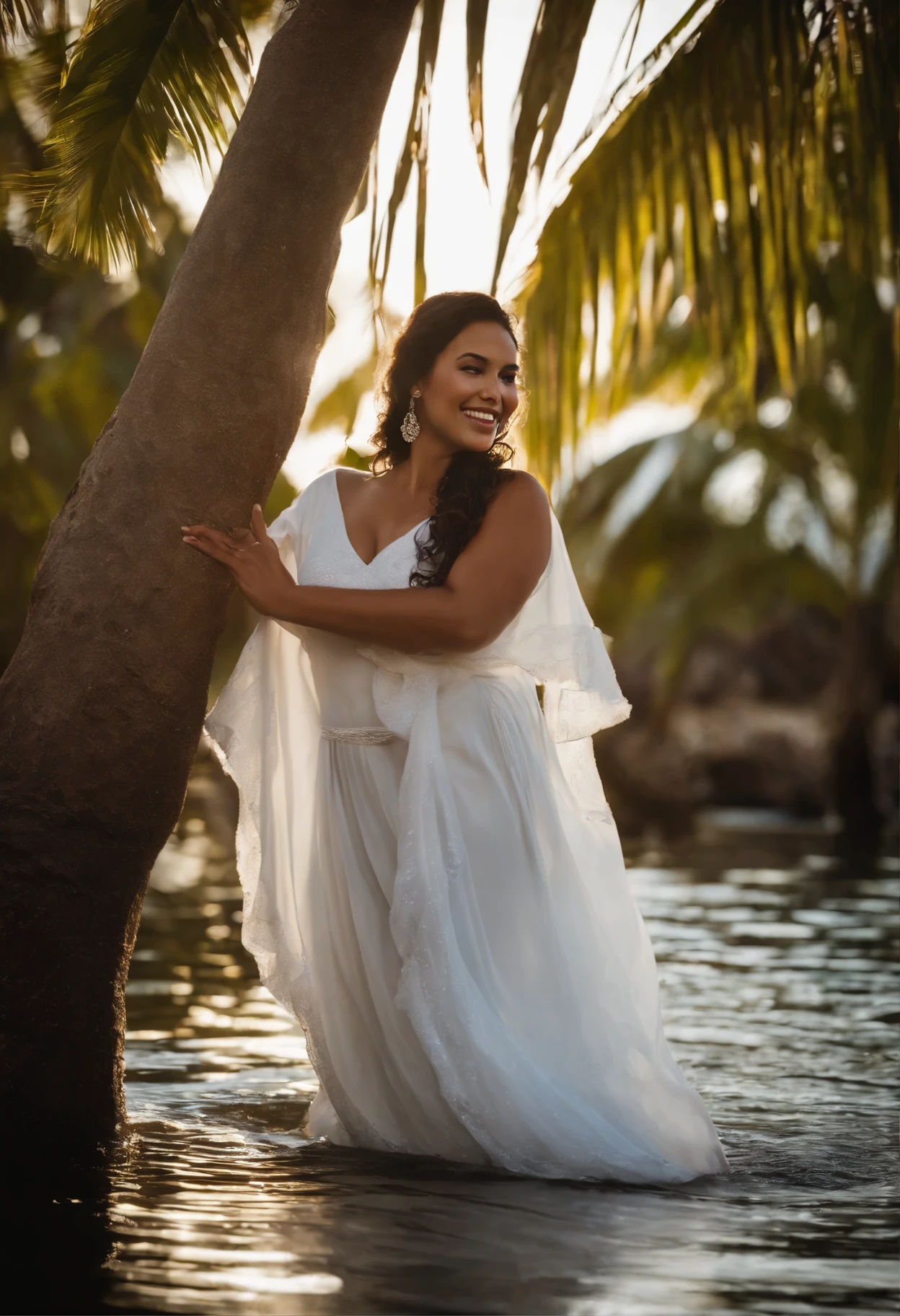 a beautiful Polynesian woman, comes out of the lagoon water at the end of the afternoon, long wet hair, wavy black hair, grosses poitrines, Longue robe, Elegant white dress, sans boucle d'oreille, pieds nus, futur sourire captivant urbain。Resolution 1920*1080