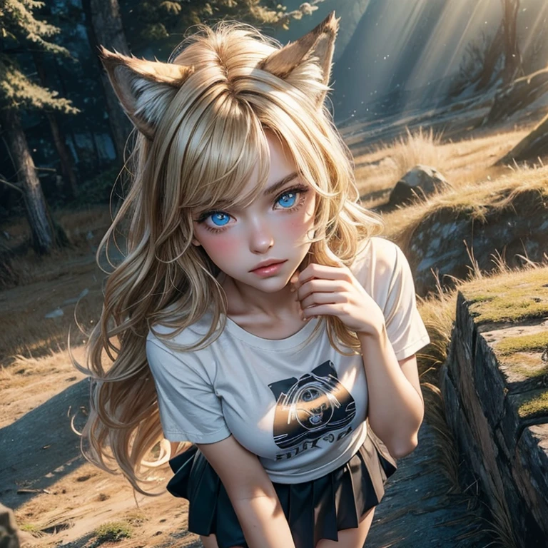 masterpiece, best quality, wolf girl, elegant, 1girl, wolf ears, wolf tail, cute, blushed, looking at viewer, from above, blonde wavy hair, mini skirt, white and black striped T-shirt, blue eyes, beautiful eyes, beautiful background, light particles, sun rays, dramatic lighting, outside, shiny, realistic, masterpiece, best quality, ultra-detailed, detailed, scenery, beautiful detailed eyes, detailed hair